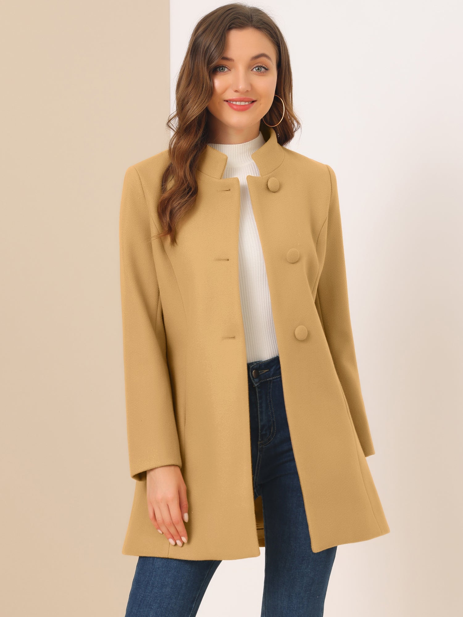 Stand Collar Single Breasted Solid Color Pea Coat