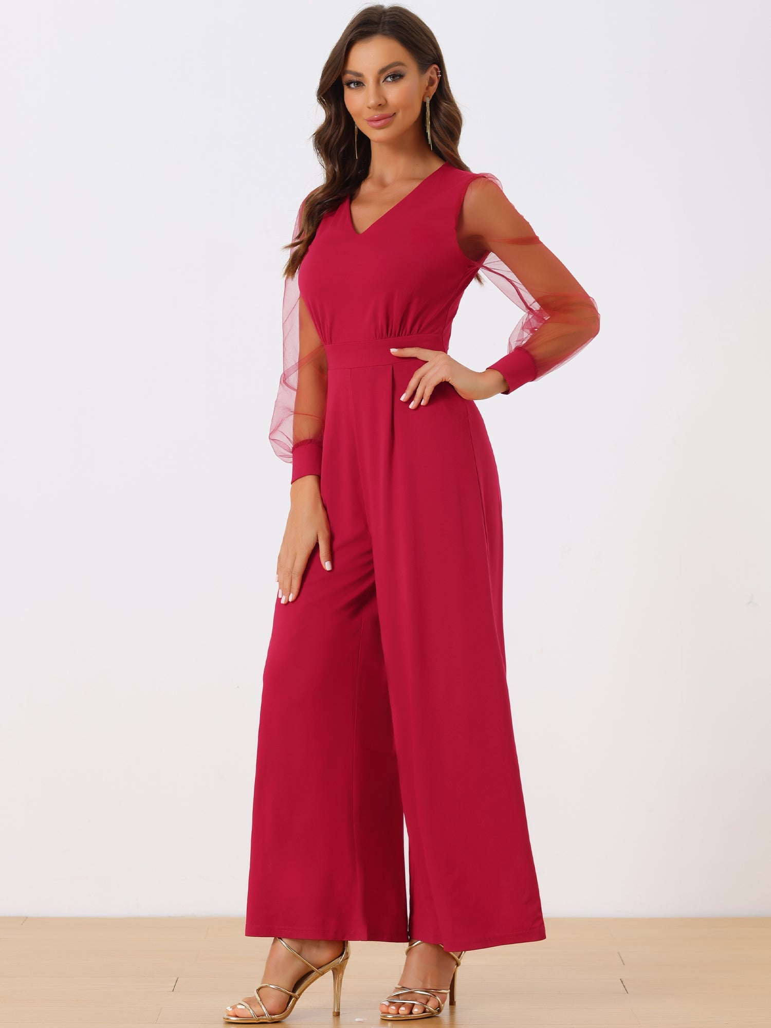 Elegant V Neck Mesh Long Sleeve Loose Wide Leg Jumpsuits