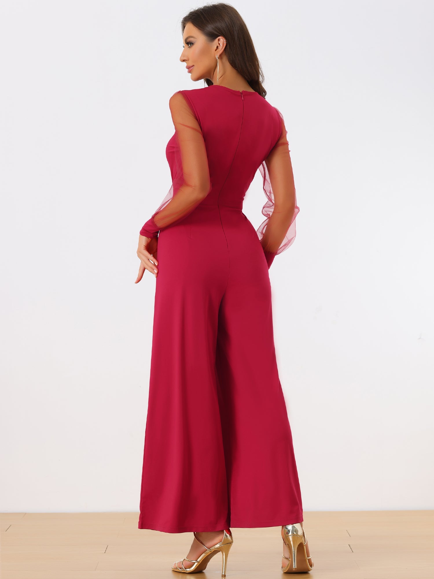 Elegant V Neck Mesh Long Sleeve Loose Wide Leg Jumpsuits
