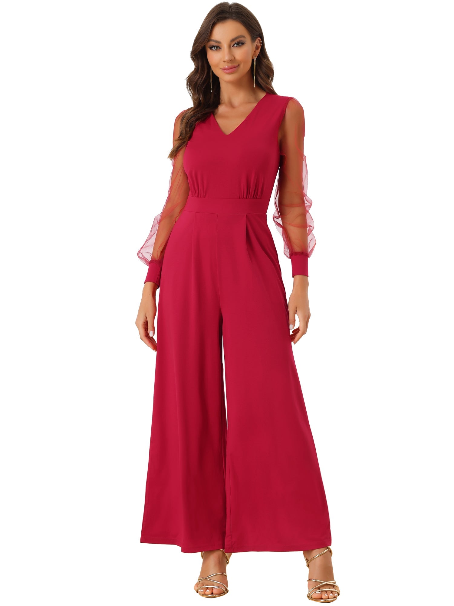 Elegant V Neck Mesh Long Sleeve Loose Wide Leg Jumpsuits