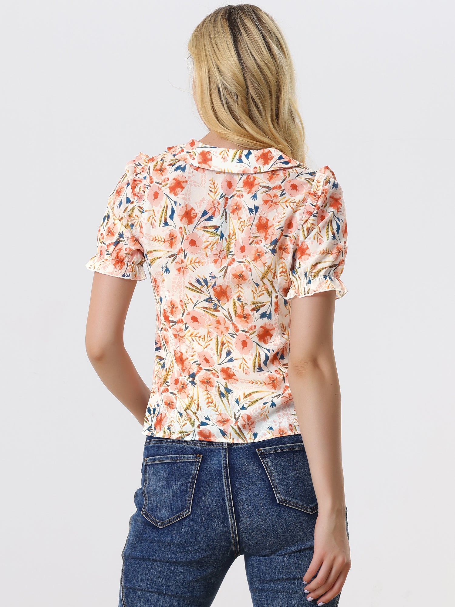 Peter Pan Collar Puff Short Sleeve Ruffle Smocked Floral Blouse