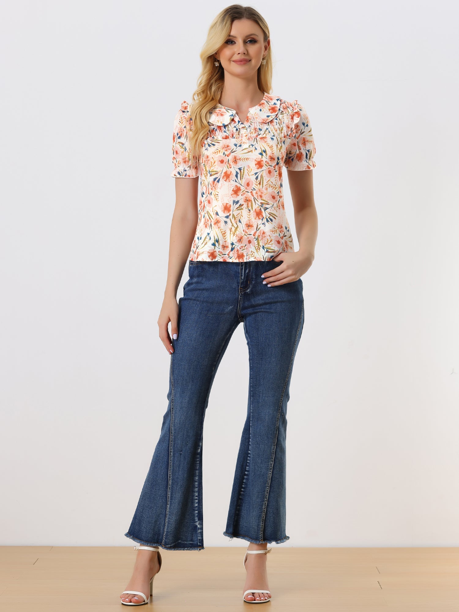 Peter Pan Collar Puff Short Sleeve Ruffle Smocked Floral Blouse