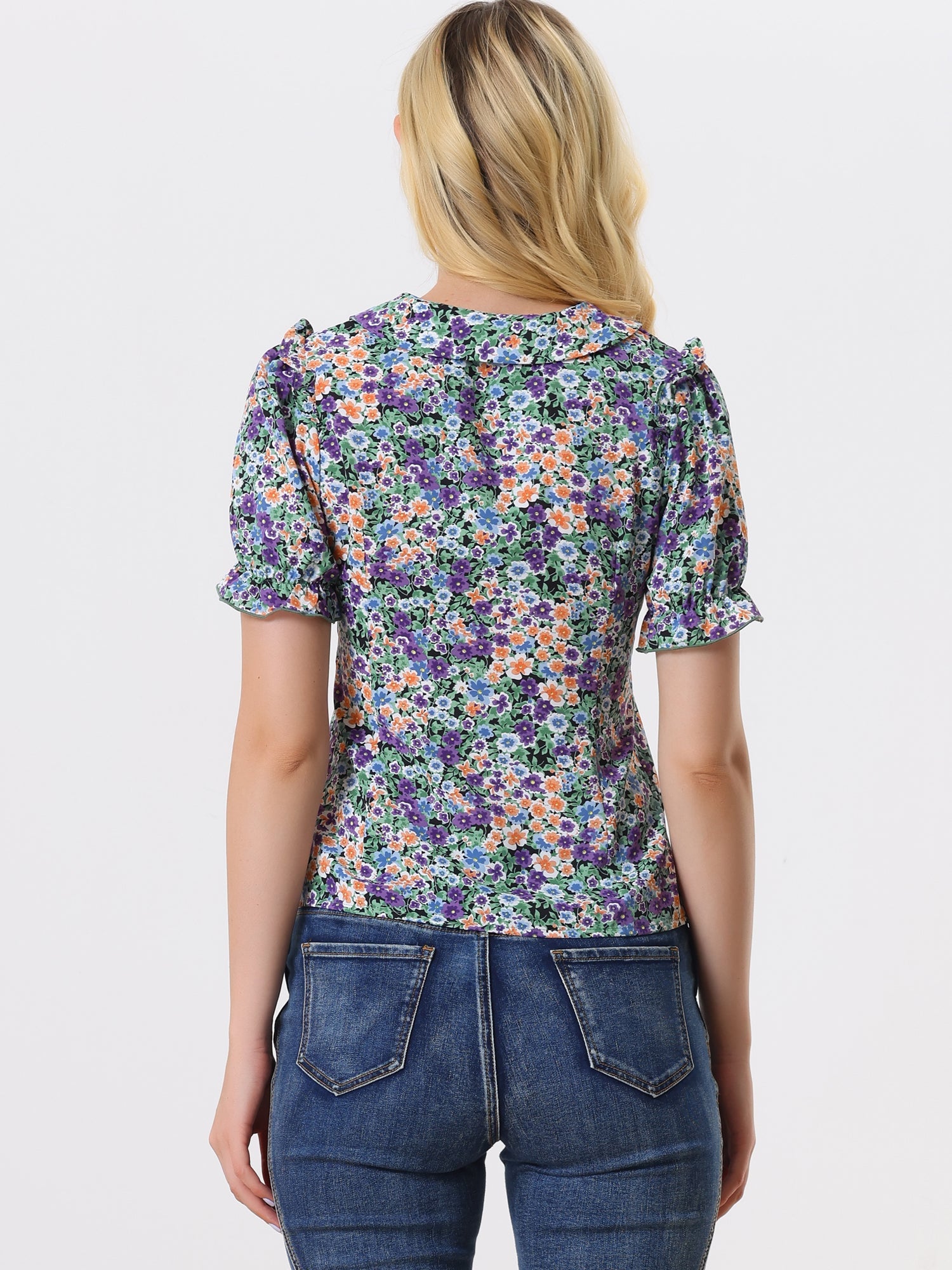 Peter Pan Collar Puff Short Sleeve Ruffle Smocked Floral Blouse
