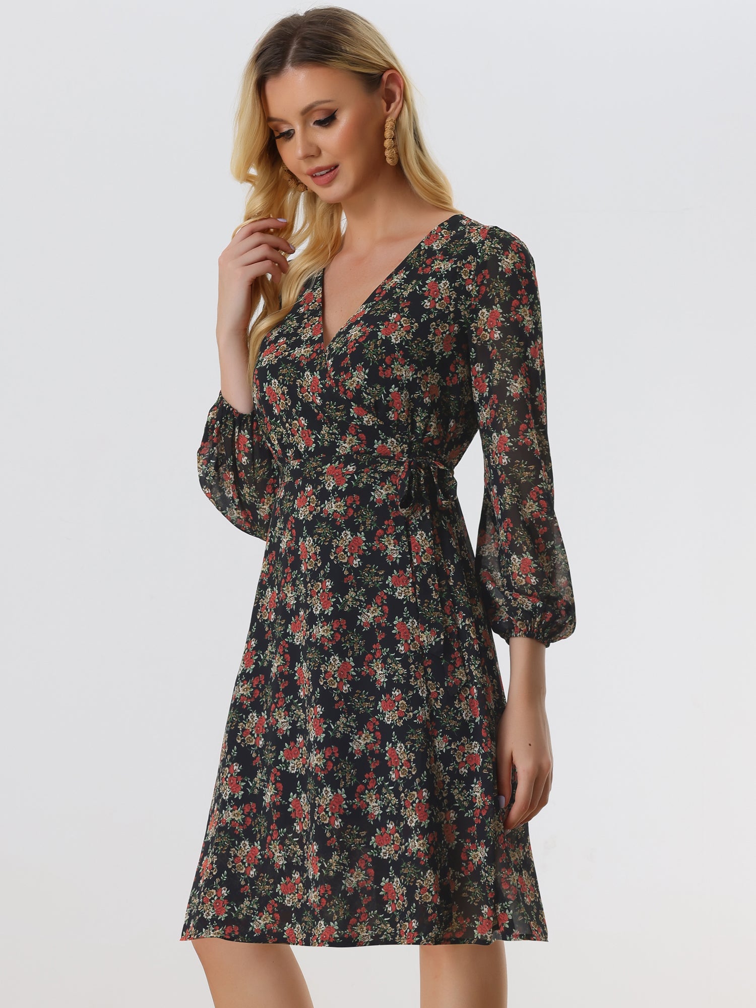 Chiffon Floral V Neck Tie Waist Bishop Sleeve Casual Wrap Midi Dress