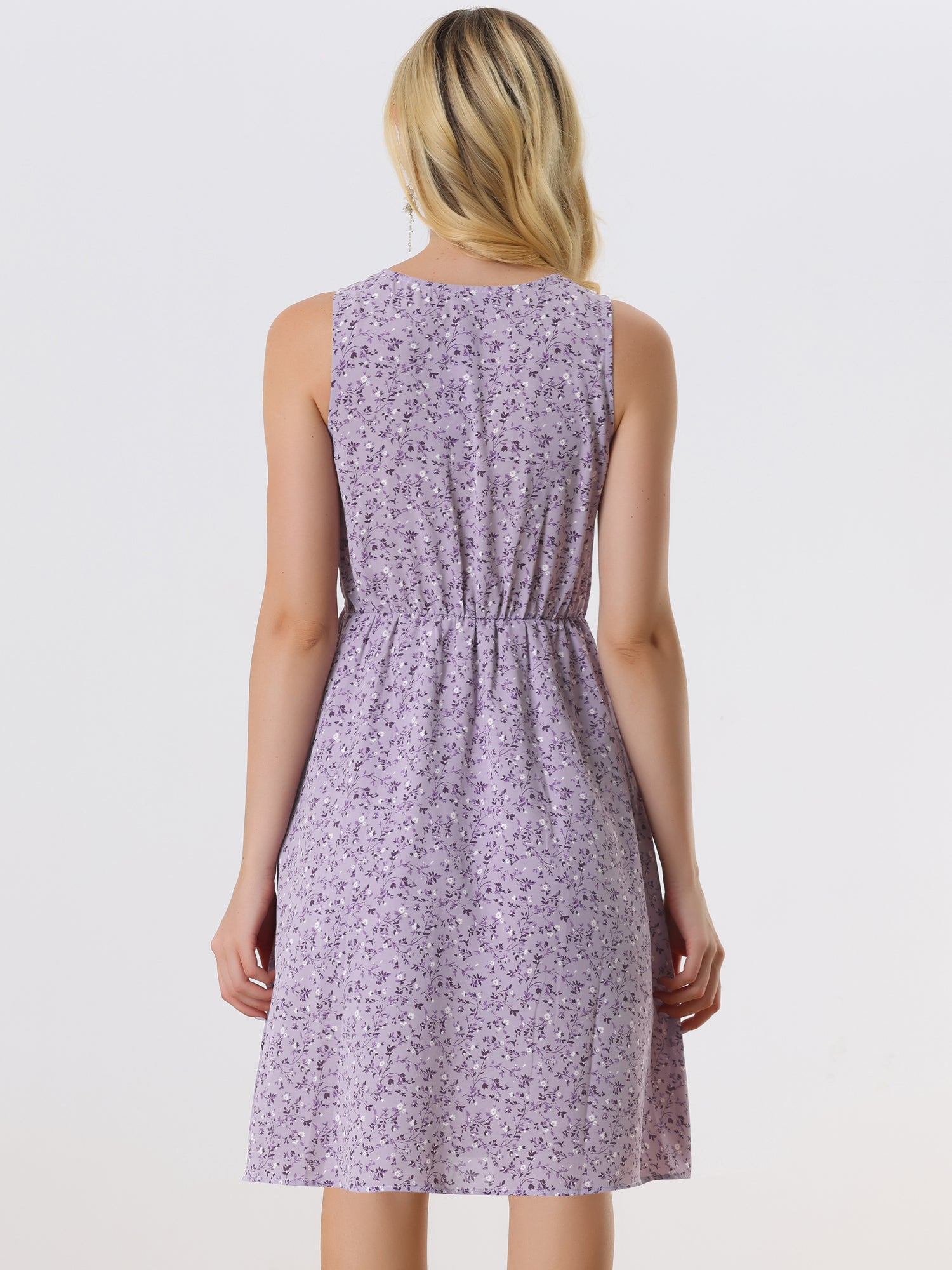 Floral Drawstring Waist Sleeveless A-Line Midi Dress Sundress