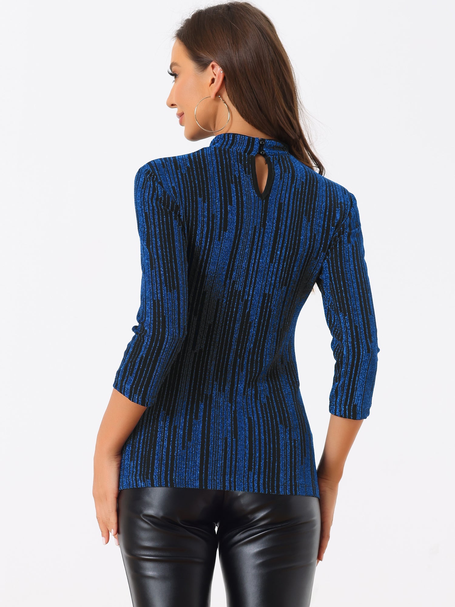 Party Glitter 3/4 Sleeve Shiny Striped Metallic Tops