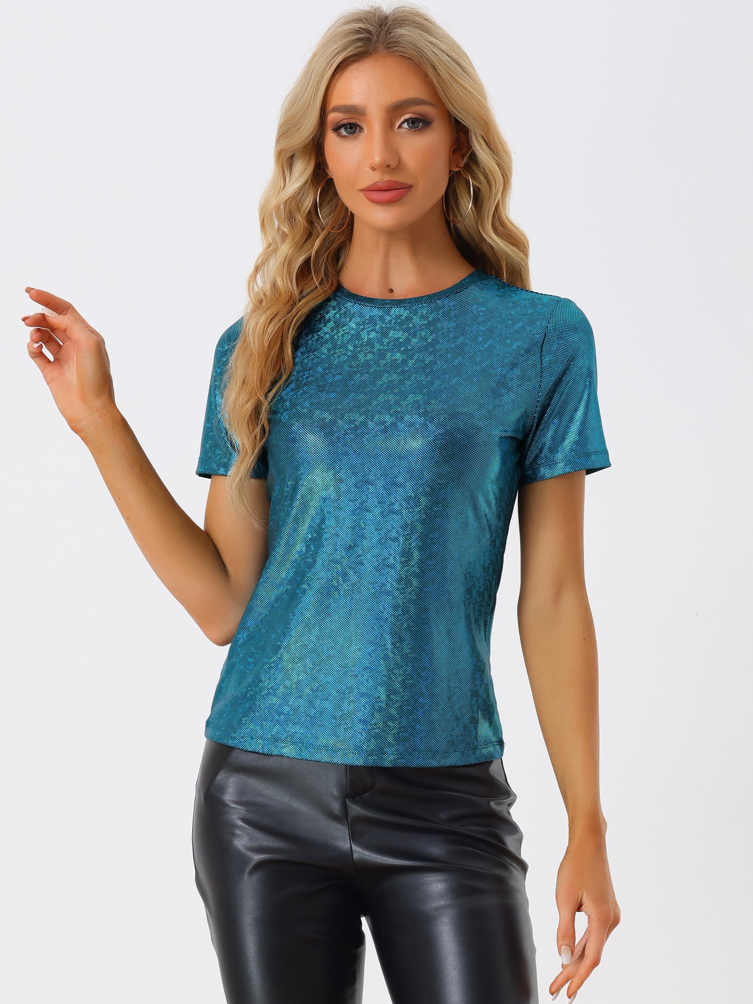Glitter Metallic Short Sleeve Shiny Multicolor Blouse