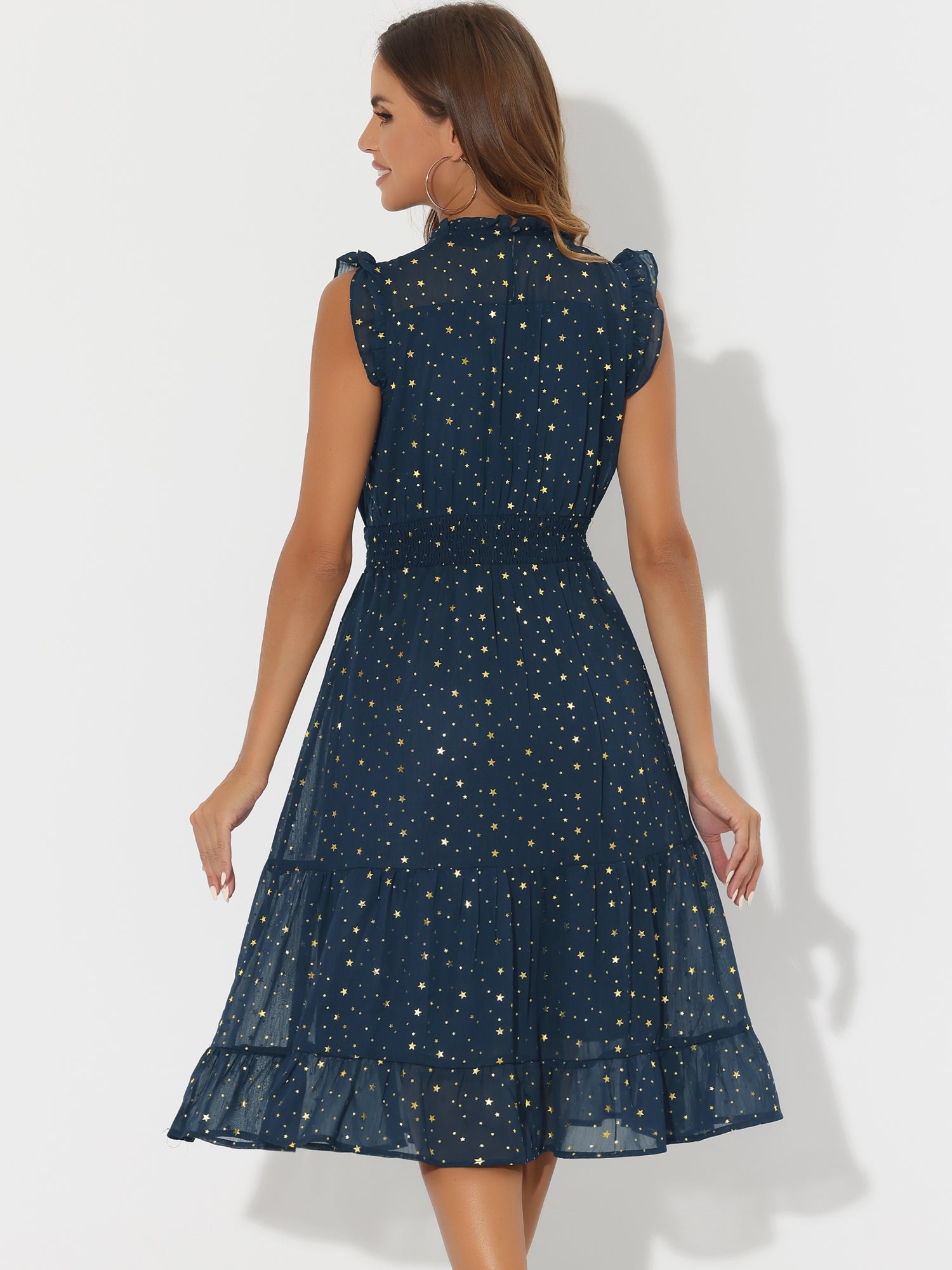 Chiffon Sleeveless Smocked Waist Gilding Metallic Stars Party Dress