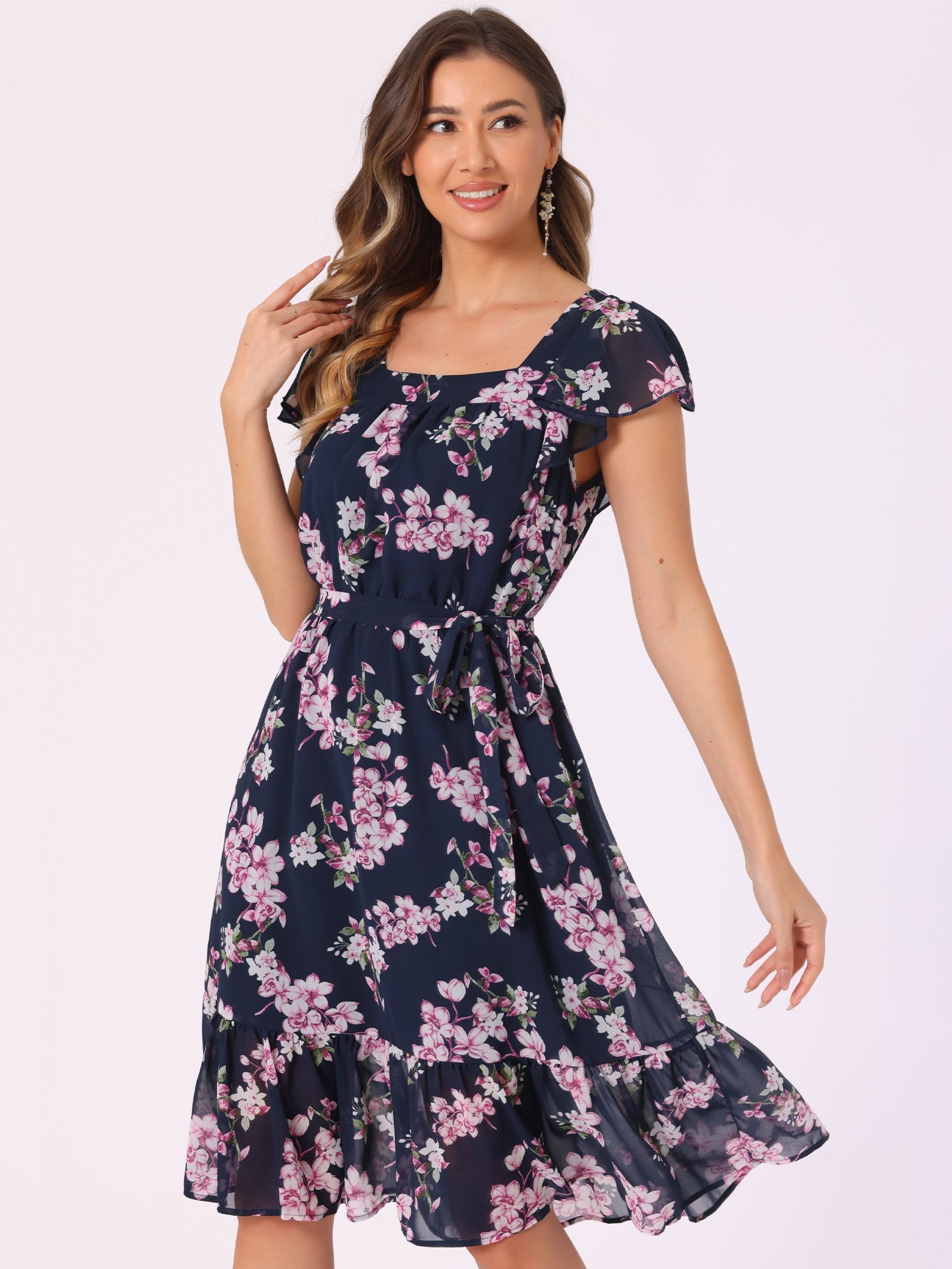 Floral Chiffon Flutter Sleeve Belted Square Neck Ruffled Hem Dress