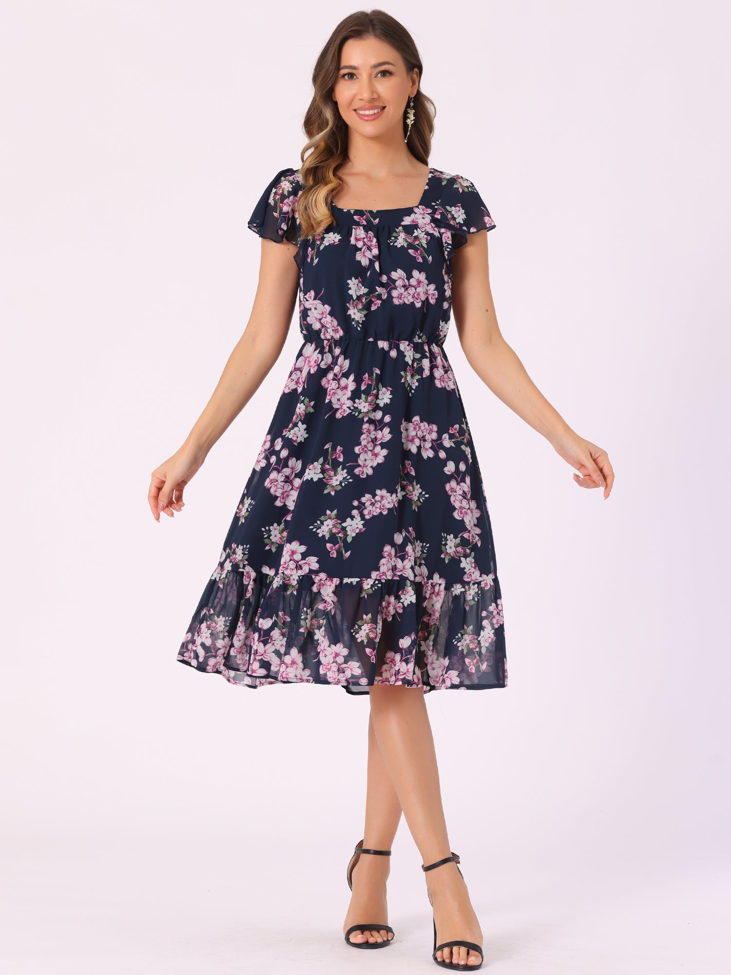 Floral Chiffon Flutter Sleeve Belted Square Neck Ruffled Hem Dress