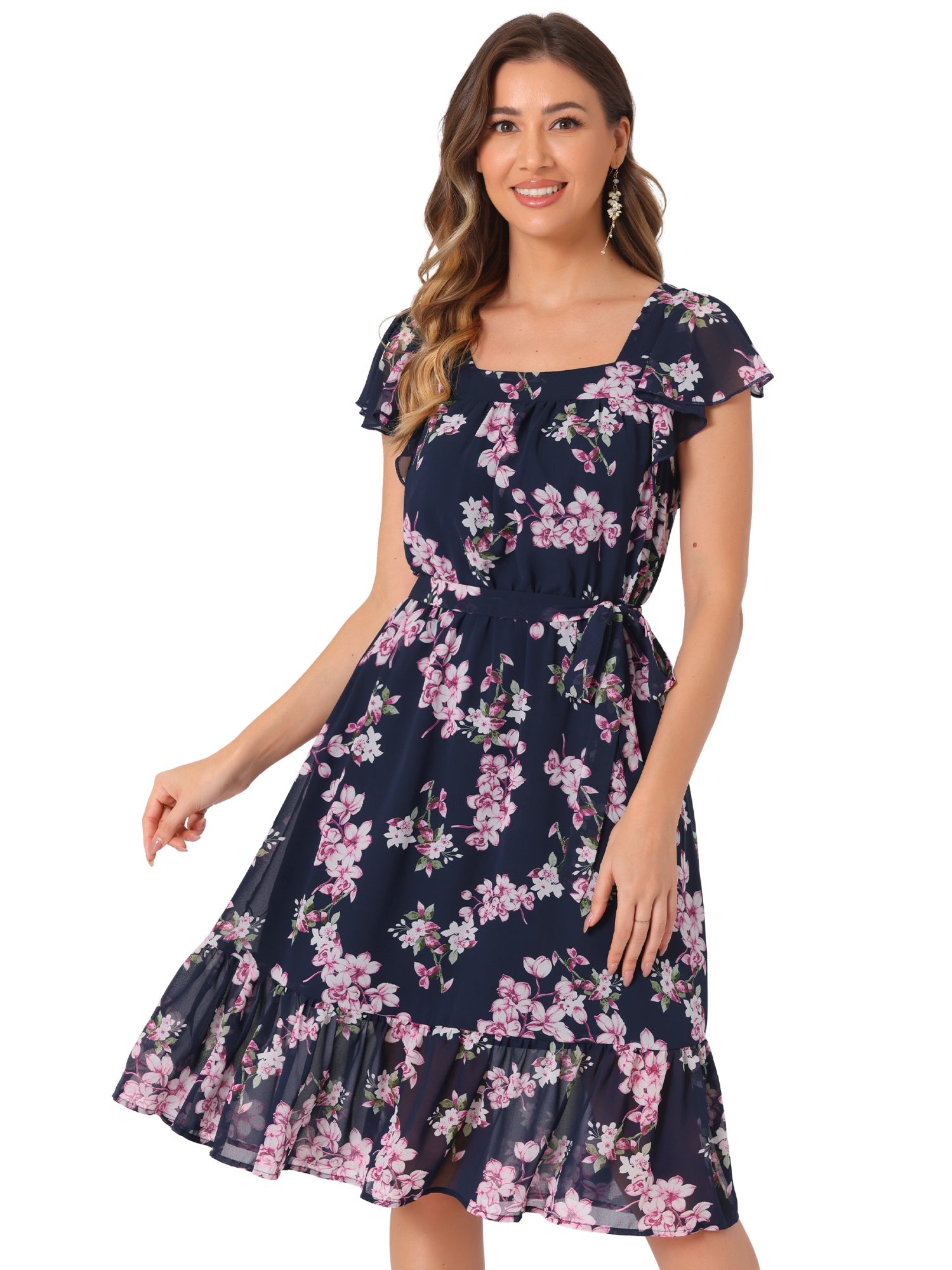 Floral Chiffon Flutter Sleeve Belted Square Neck Ruffled Hem Dress