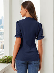 Bow Tie Neck Tops Elegant Office Short Sleeve Blouse