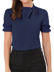 Bow Tie Neck Tops Elegant Office Short Sleeve Blouse