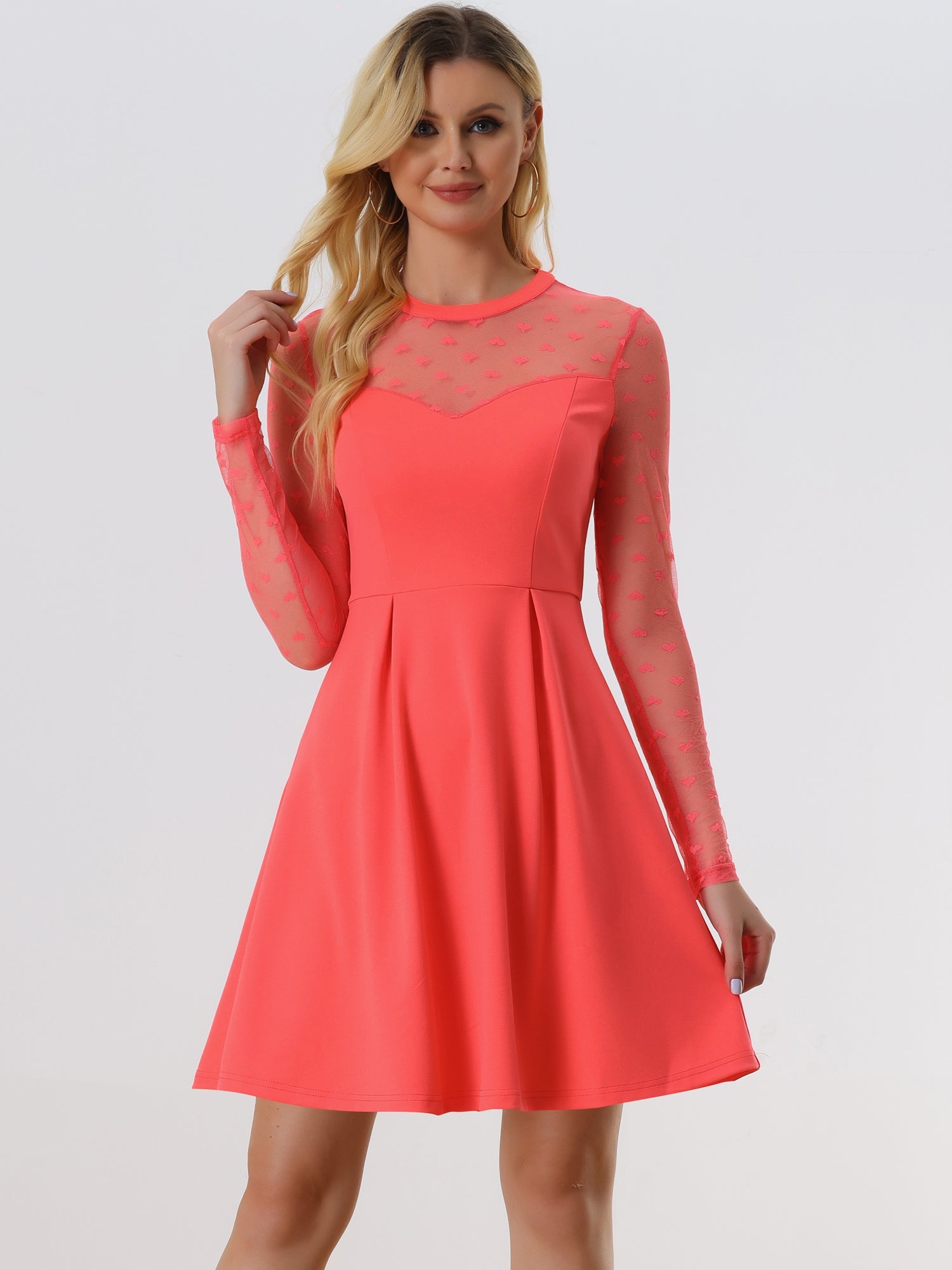 Party Heart Mesh Sheer Sleeve Crew Neck Skater Short Dress