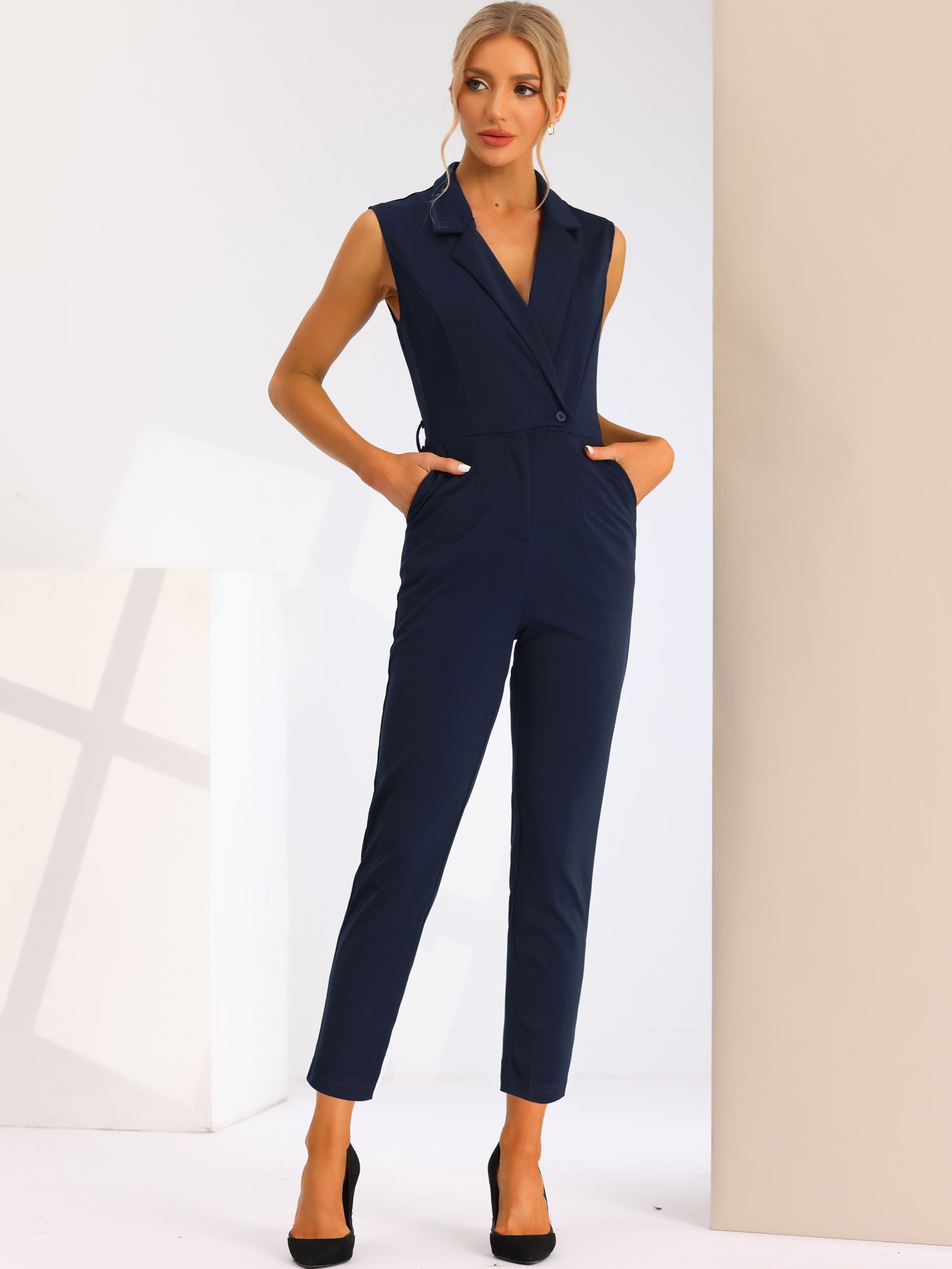 Sleeveless Button Front Closure Long Leg Pocket Belted Jumpsuits