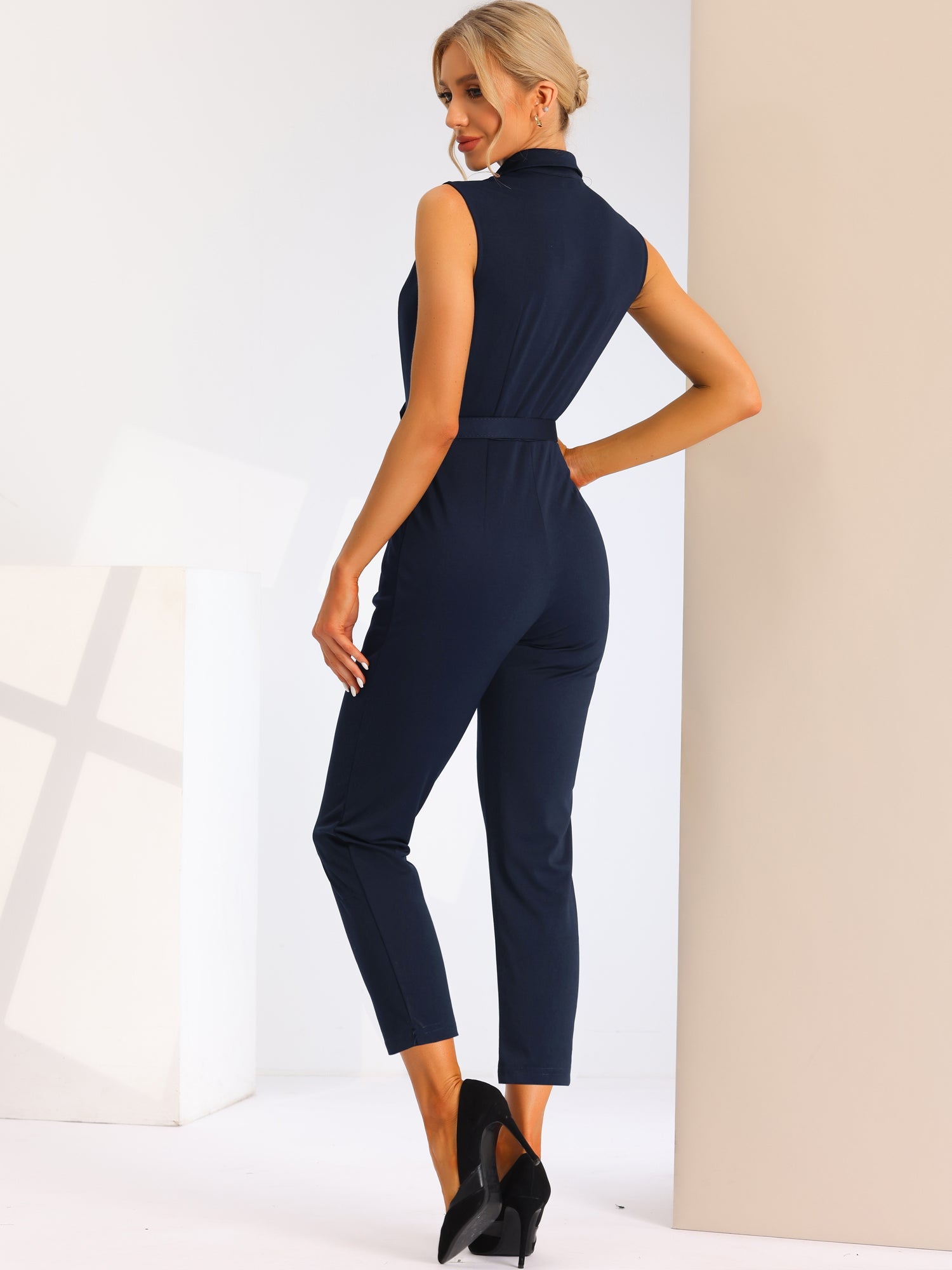 Sleeveless Button Front Closure Long Leg Pocket Belted Jumpsuits