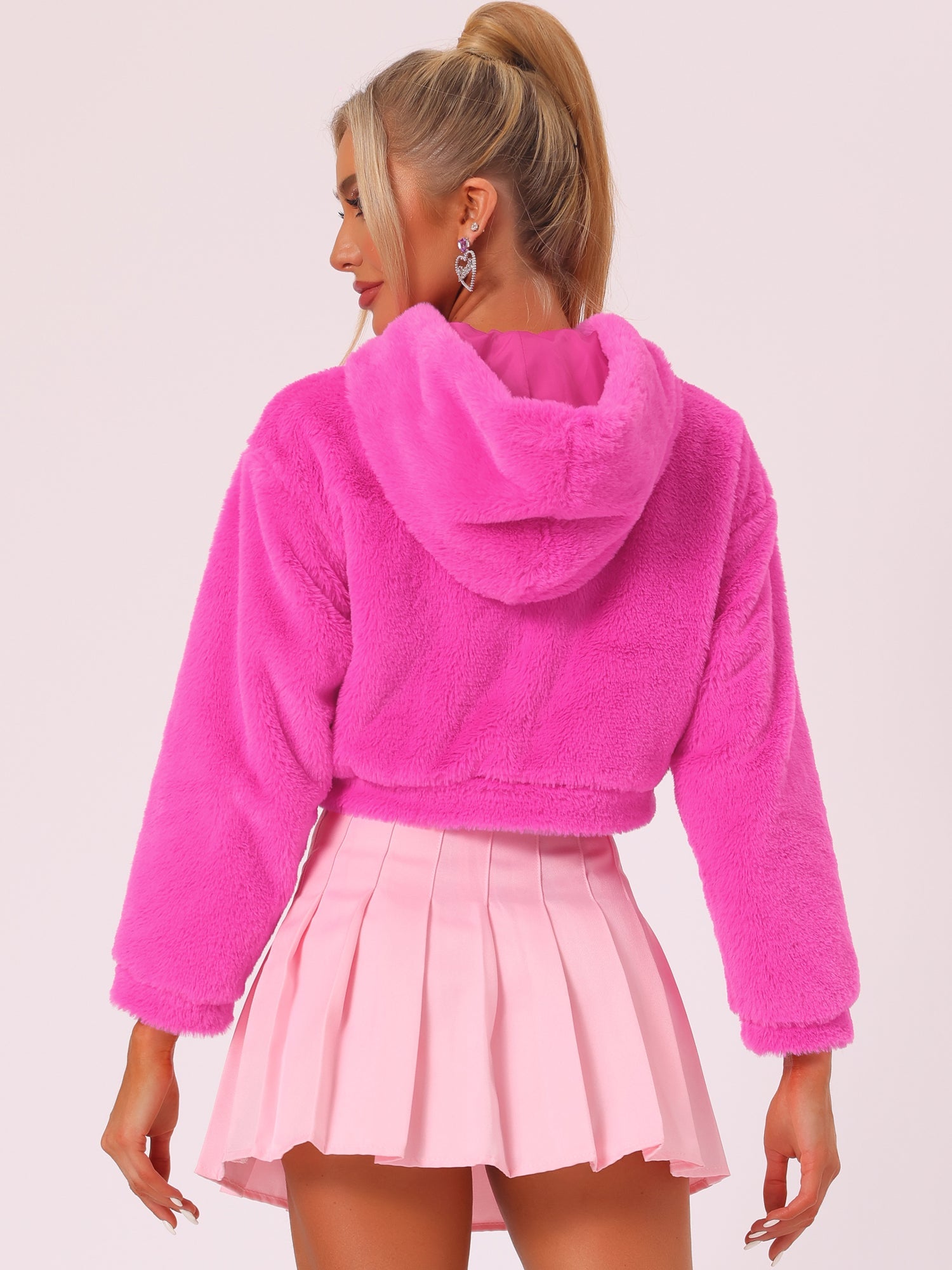 Casual Faux Fur Coat Zip Up Hooded Cropped Fuzzy Fleece Jacket