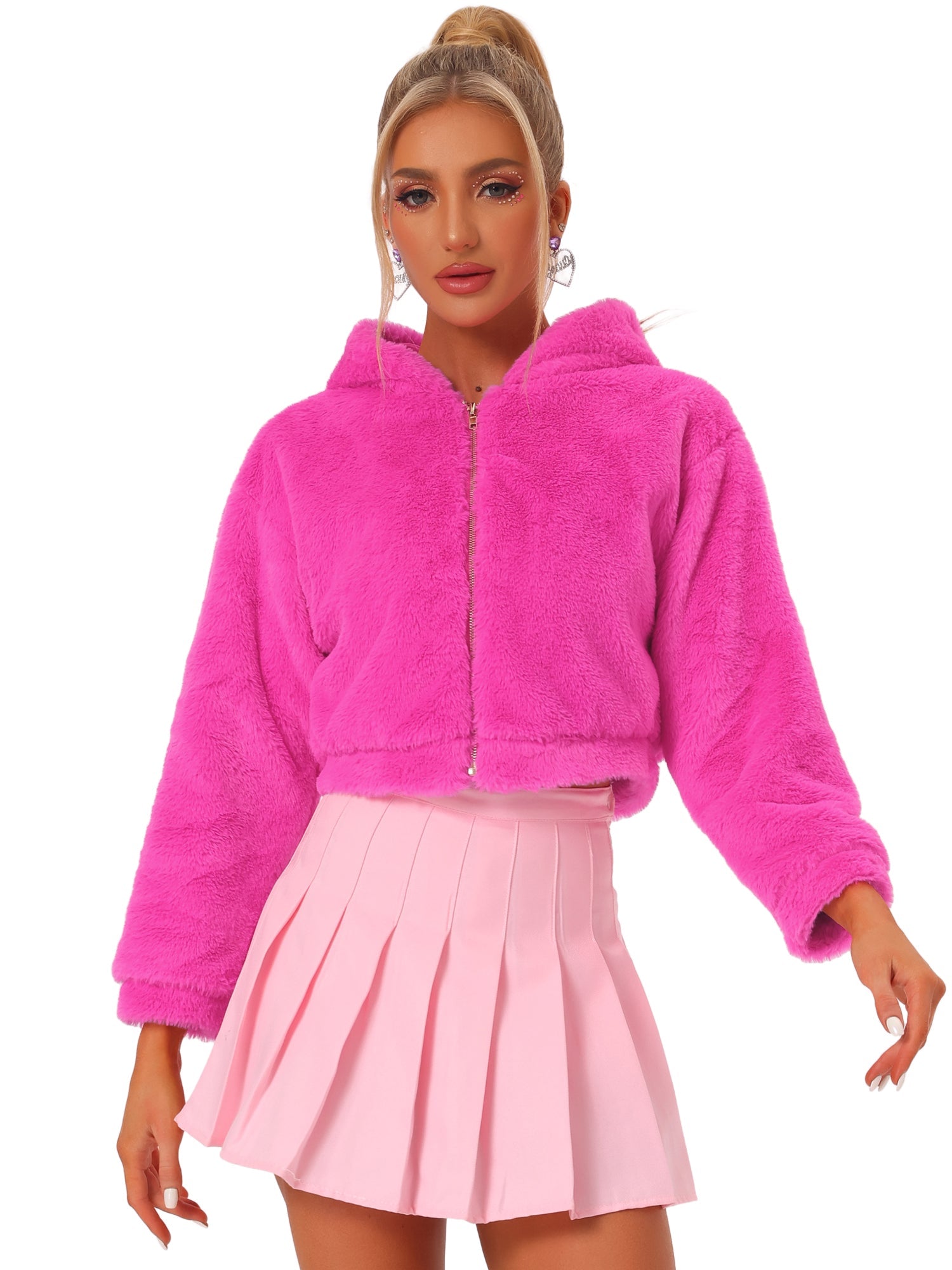 Casual Faux Fur Coat Zip Up Hooded Cropped Fuzzy Fleece Jacket