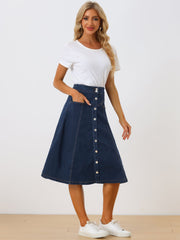 Stretchy High Waist Buttons Front A-Line Flowy Pockets Midi Skirt