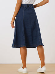 Stretchy High Waist Buttons Front A-Line Flowy Pockets Midi Skirt