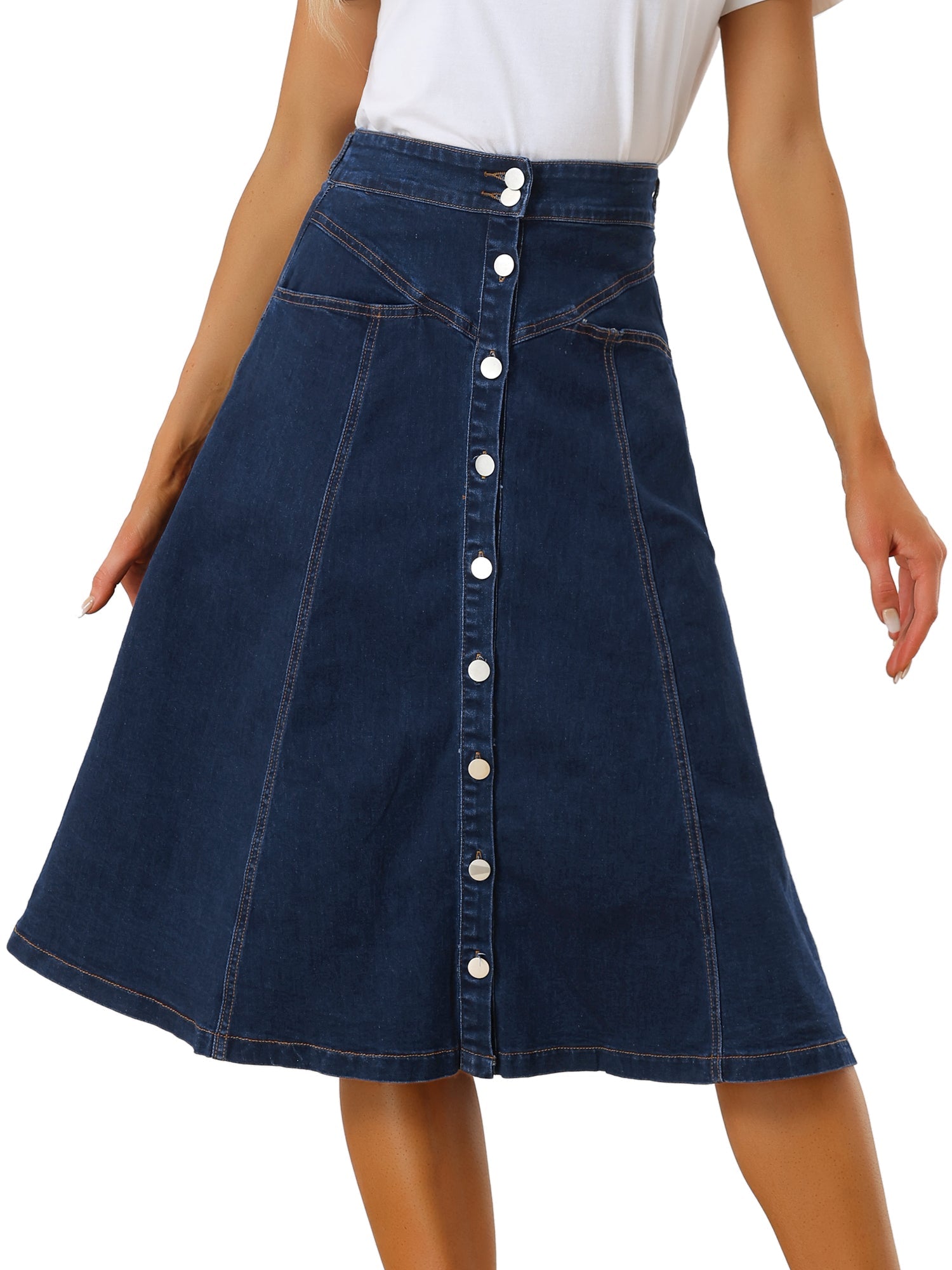 Stretchy High Waist Buttons Front A-Line Flowy Pockets Midi Skirt