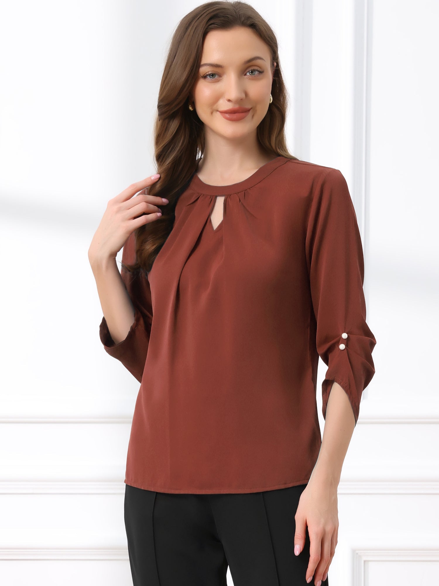 Office Keyhole Pleated 3/4 Sleeve Chiffon Blouse