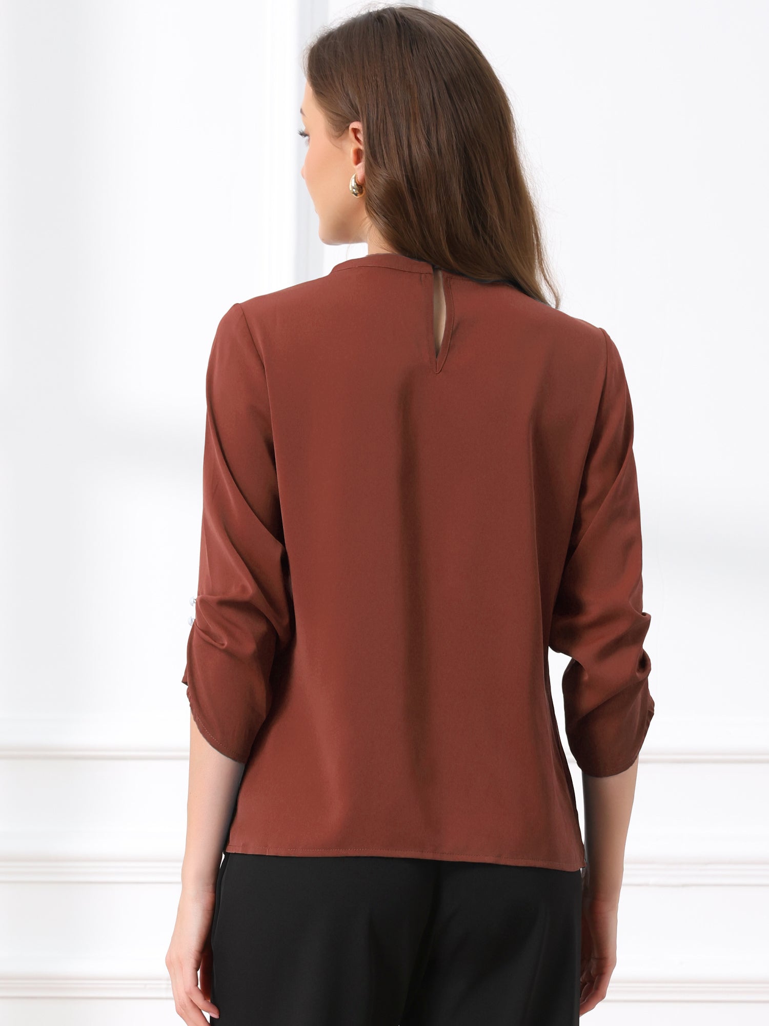 Office Keyhole Pleated 3/4 Sleeve Chiffon Blouse