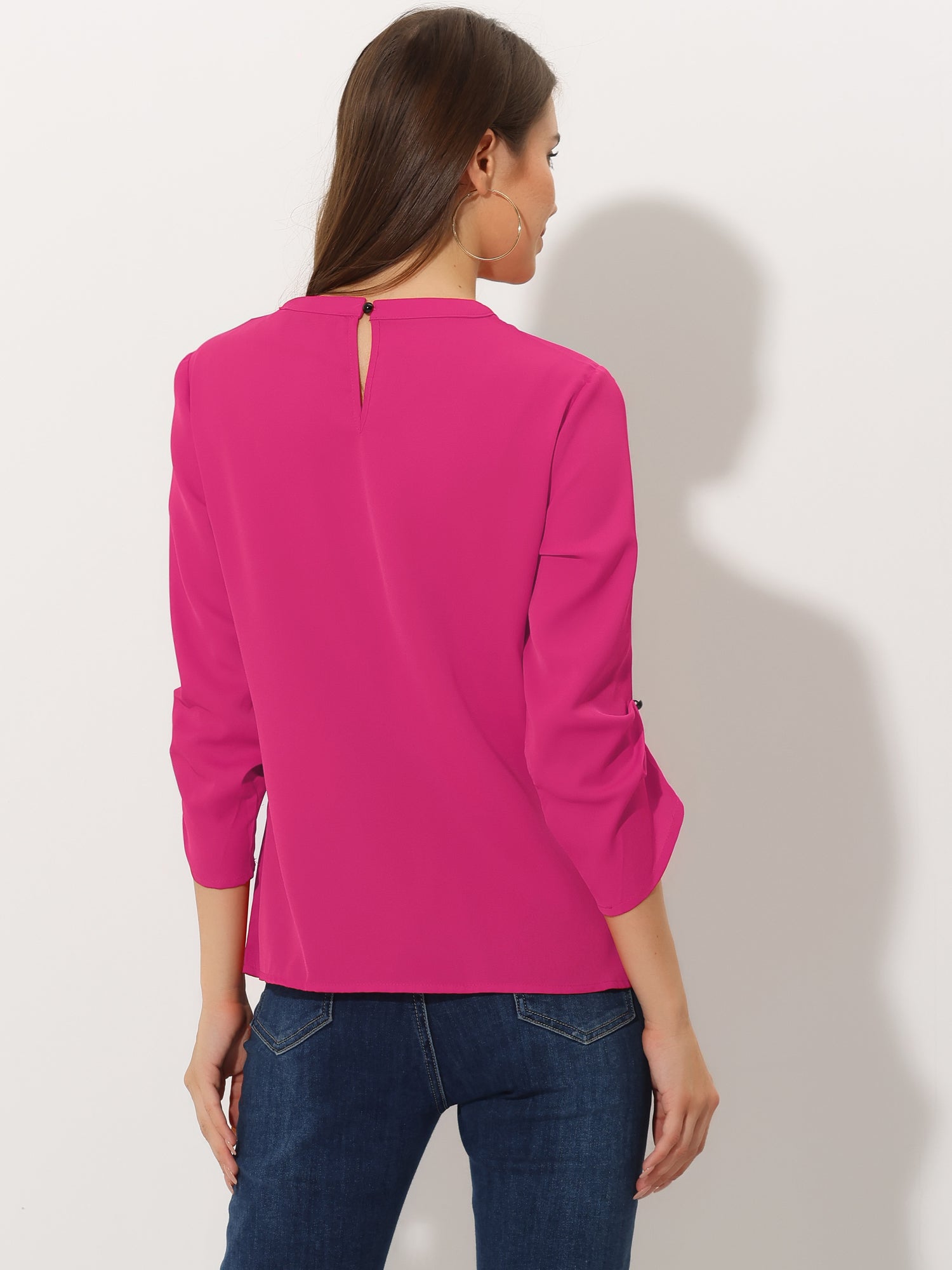 Office Keyhole Pleated Front Ruched 3/4 Sleeve Chiffon Blouse