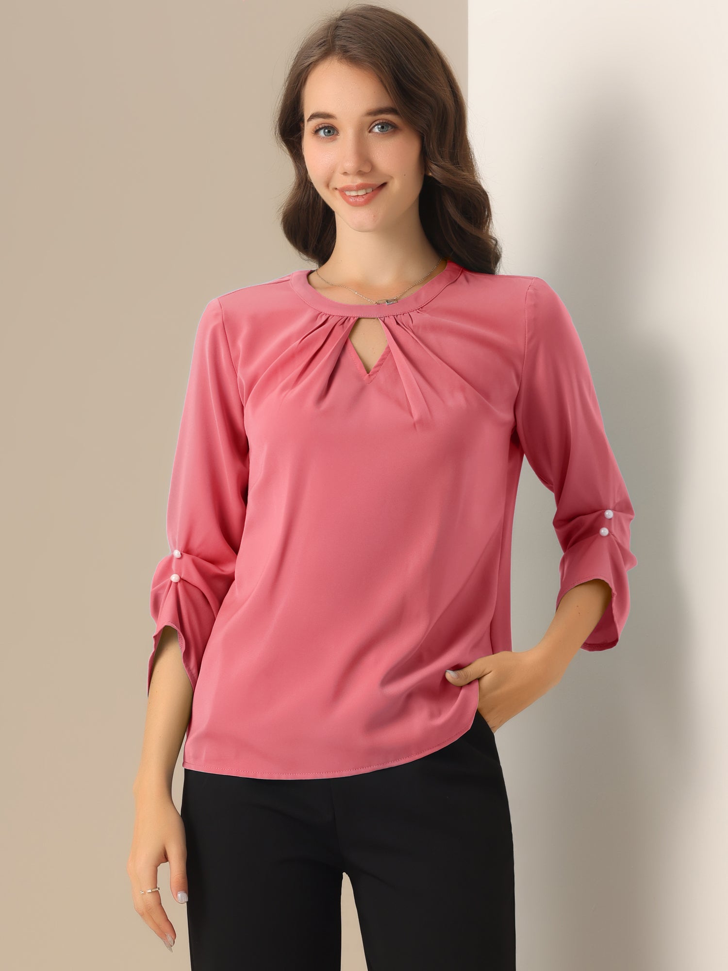 Office Keyhole Pleated Front Ruched 3/4 Sleeve Chiffon Blouse