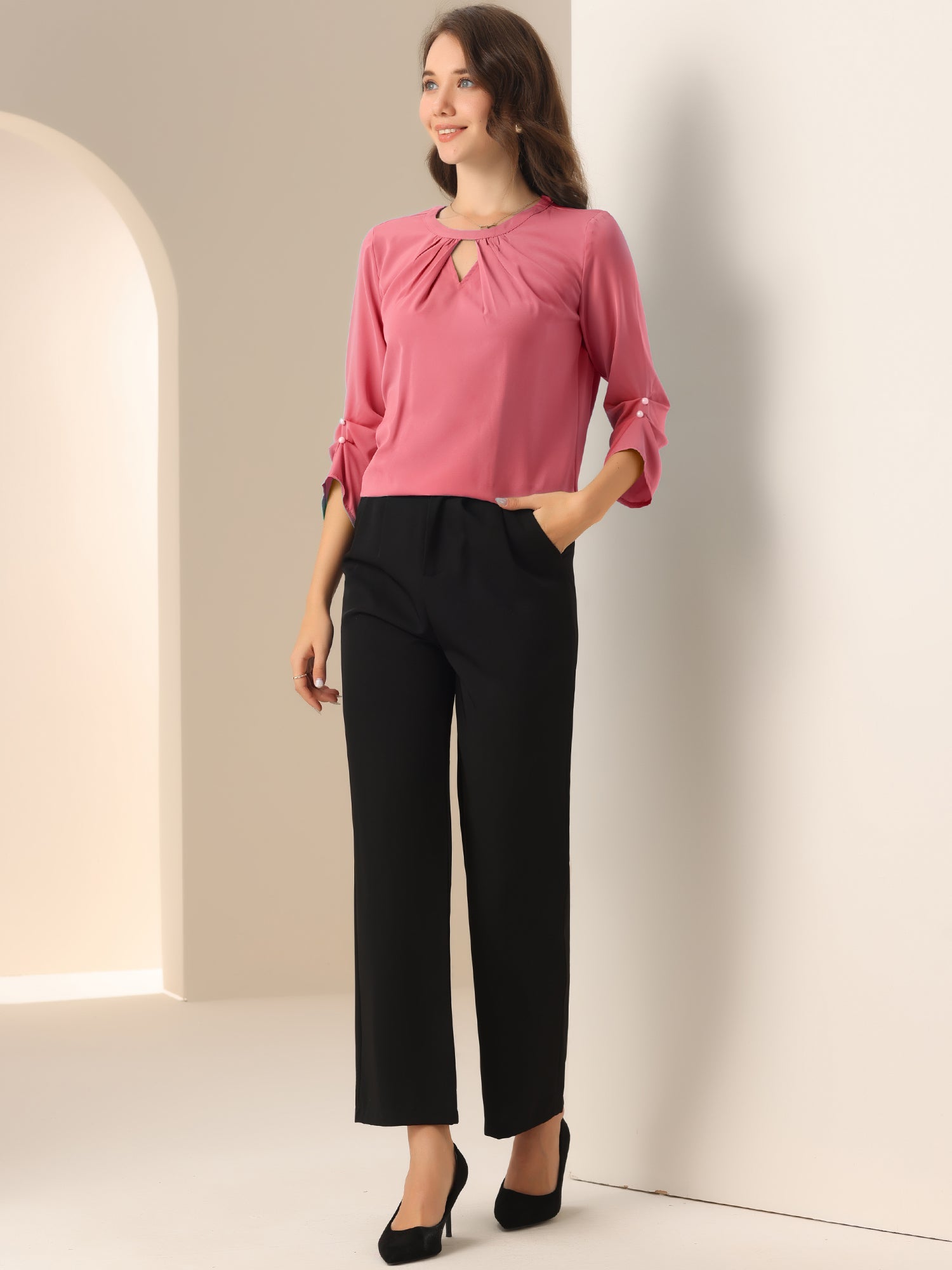 Office Keyhole Pleated Front Ruched 3/4 Sleeve Chiffon Blouse