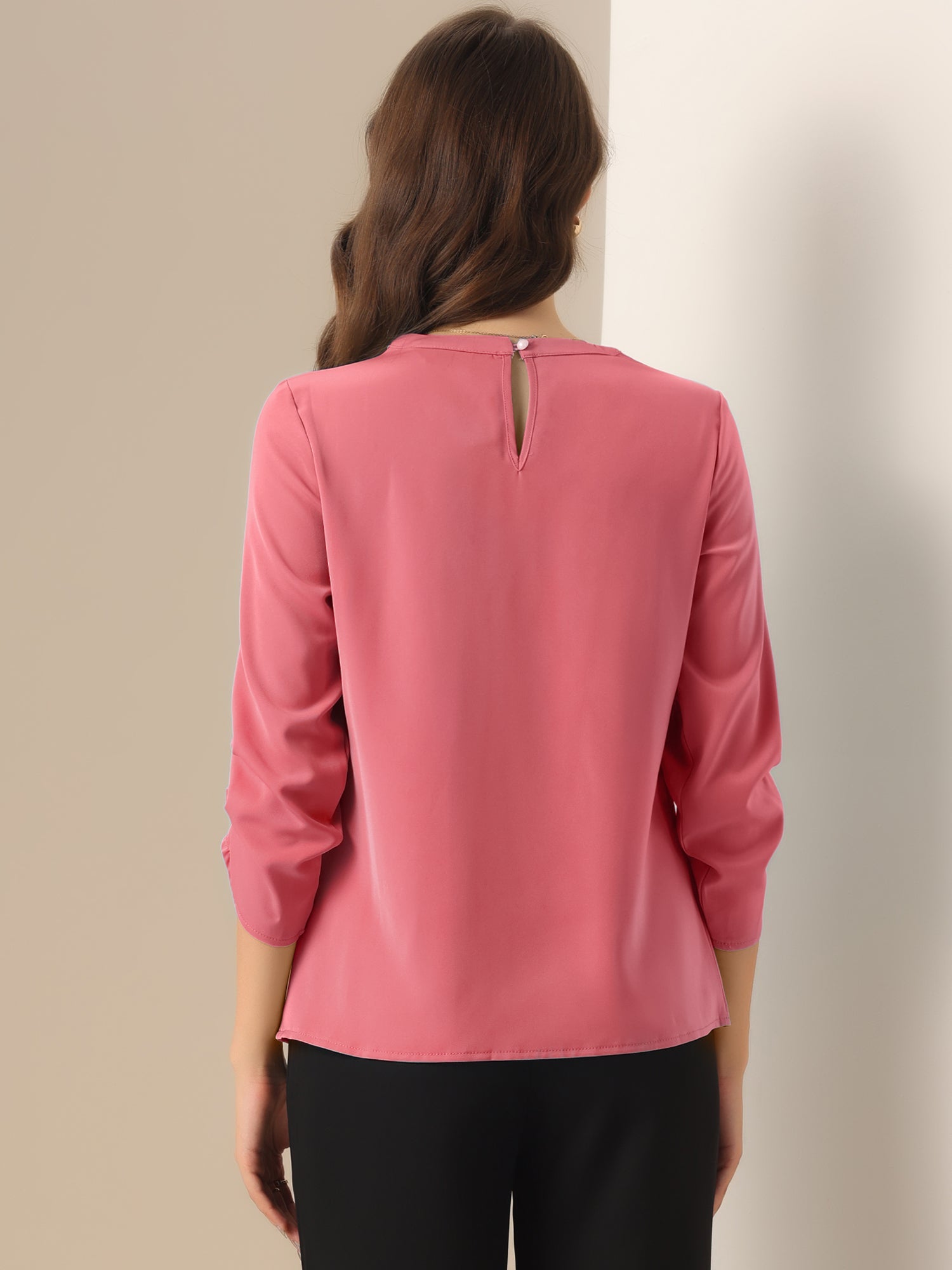 Office Keyhole Pleated Front Ruched 3/4 Sleeve Chiffon Blouse