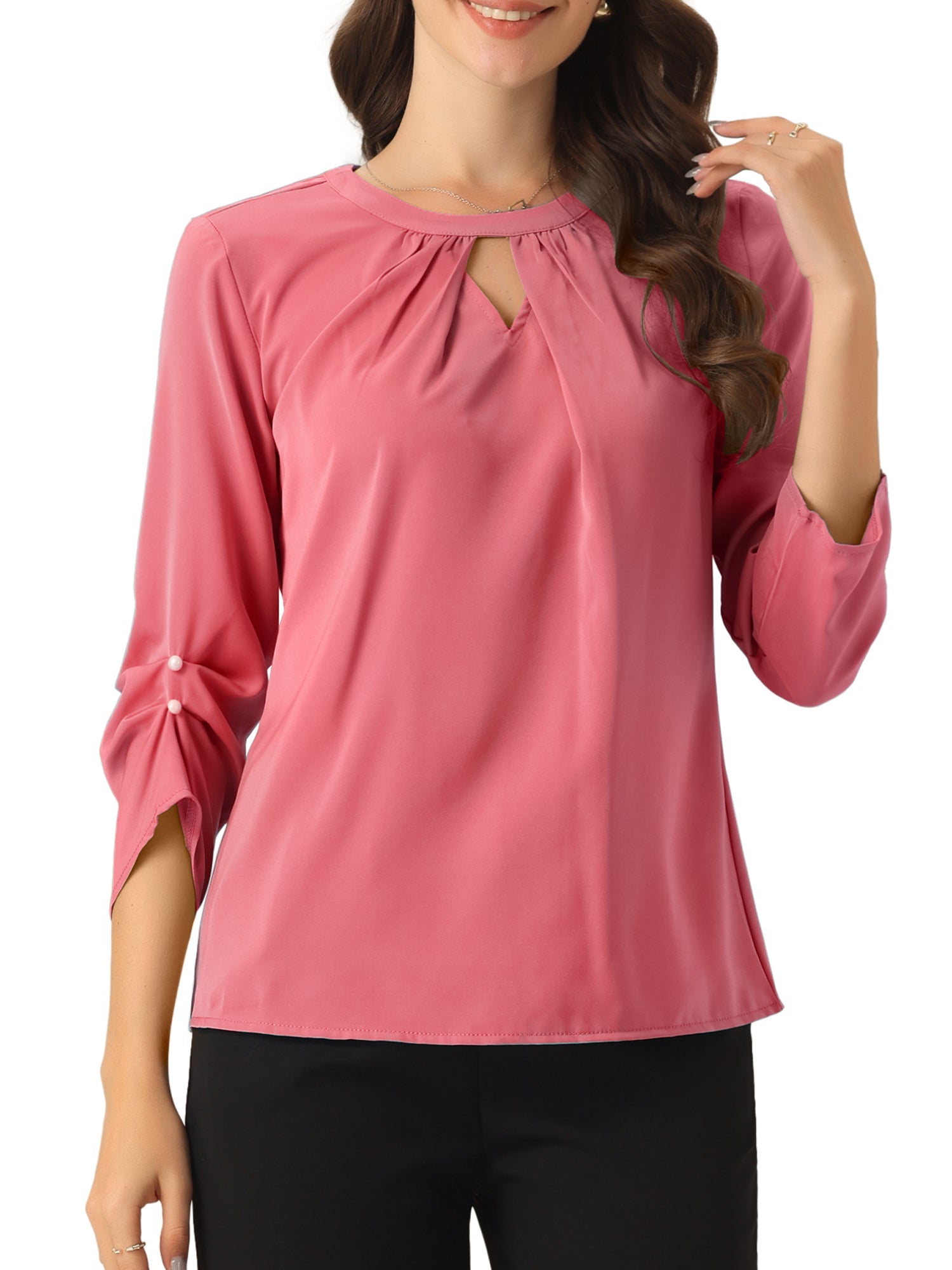 Office Keyhole Pleated Front Ruched 3/4 Sleeve Chiffon Blouse
