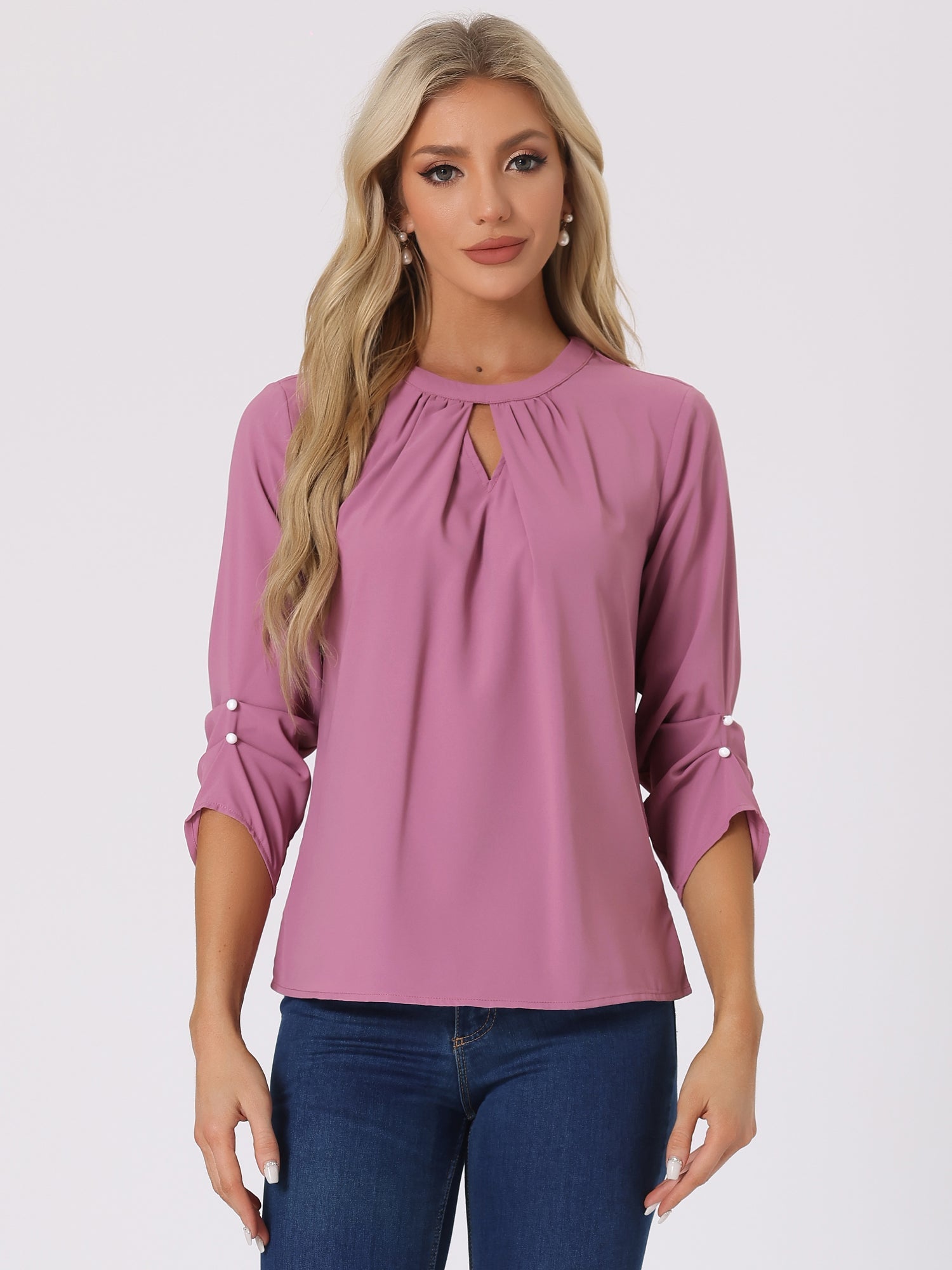 Office Keyhole Pleated 3/4 Sleeve Chiffon Blouse