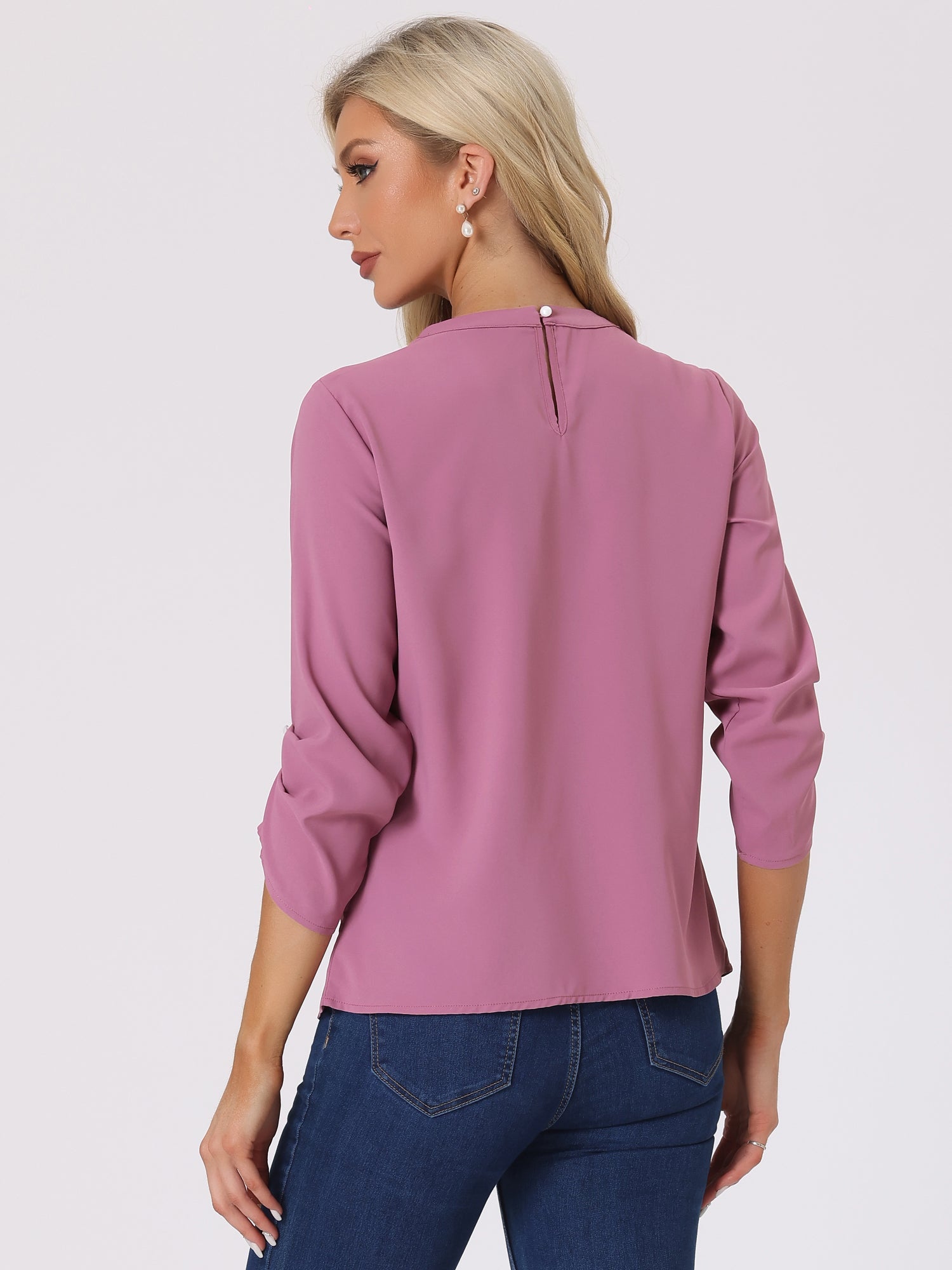 Office Keyhole Pleated 3/4 Sleeve Chiffon Blouse