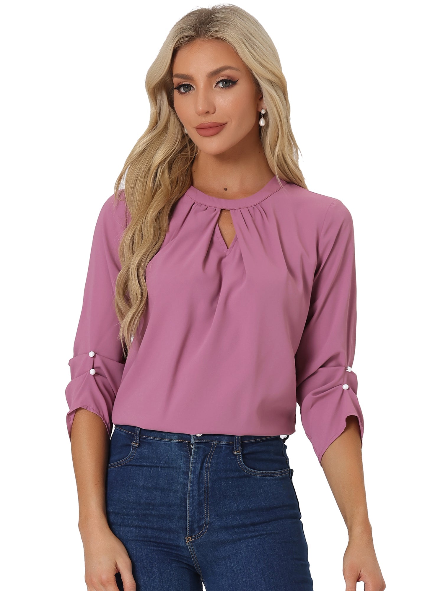 Office Keyhole Pleated 3/4 Sleeve Chiffon Blouse