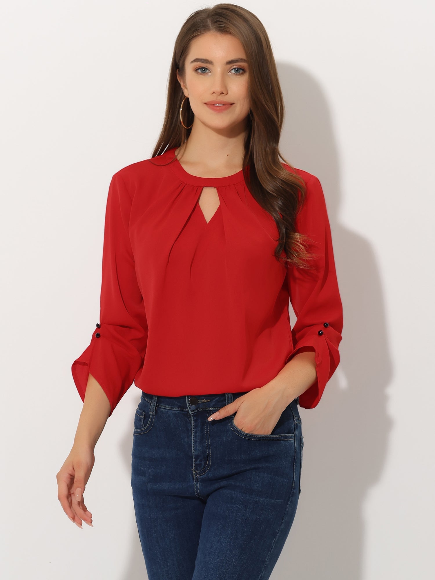 Office Keyhole Pleated Front Ruched 3/4 Sleeve Chiffon Blouse