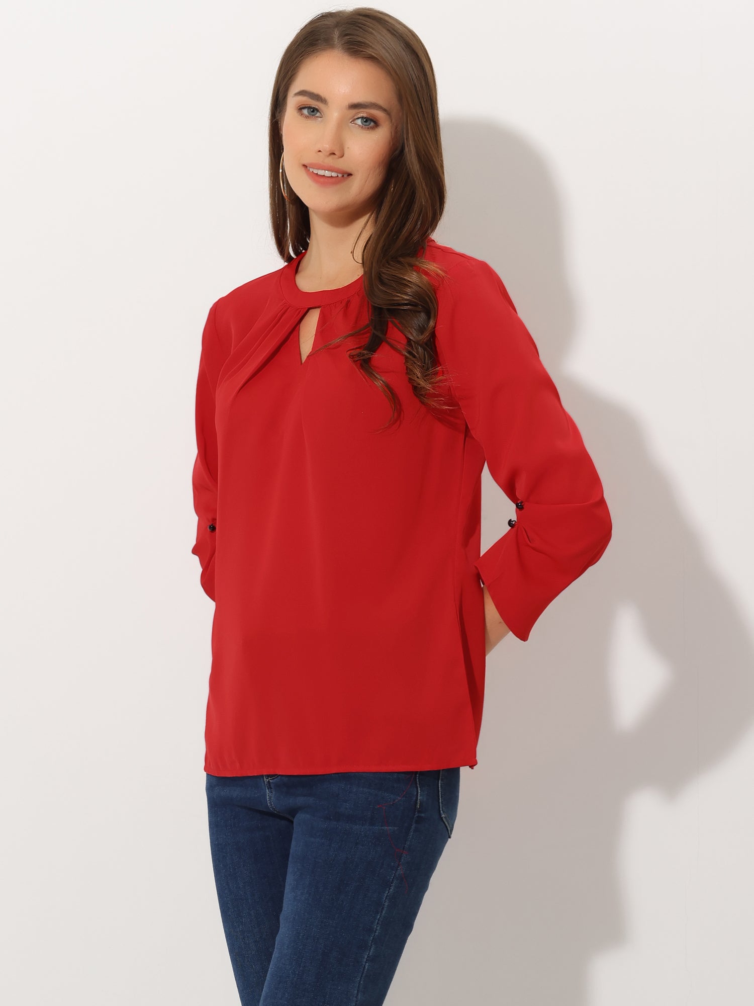 Office Keyhole Pleated Front Ruched 3/4 Sleeve Chiffon Blouse