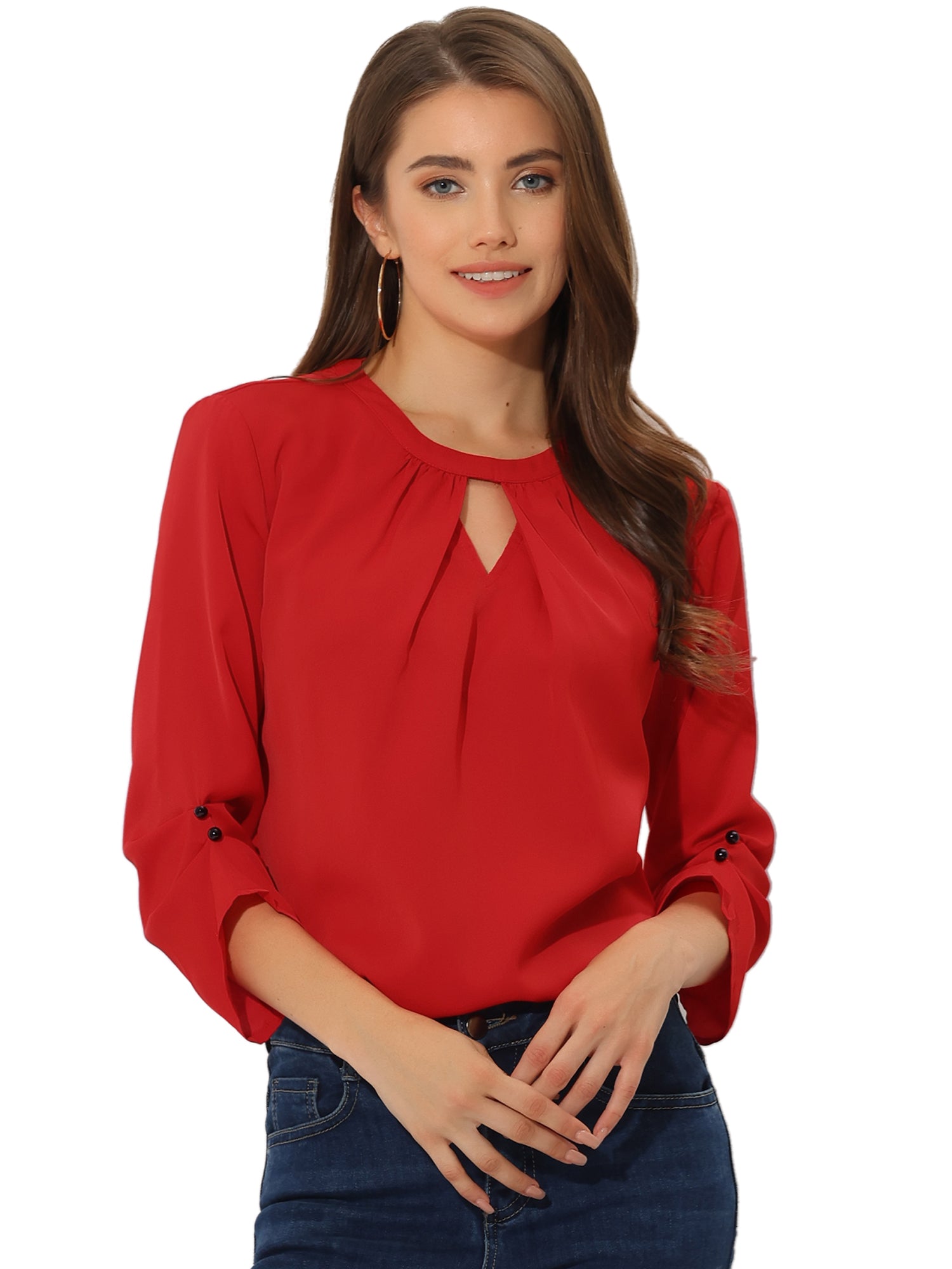 Office Keyhole Pleated Front Ruched 3/4 Sleeve Chiffon Blouse