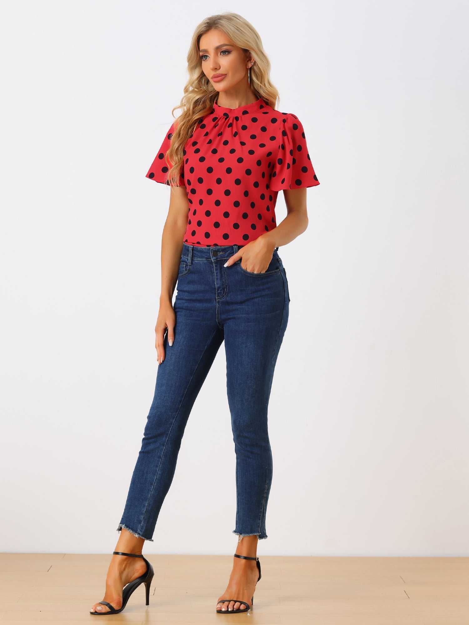 Polka Dots Stand Collar Pleat Keyhole Short Flare Sleeve Blouse