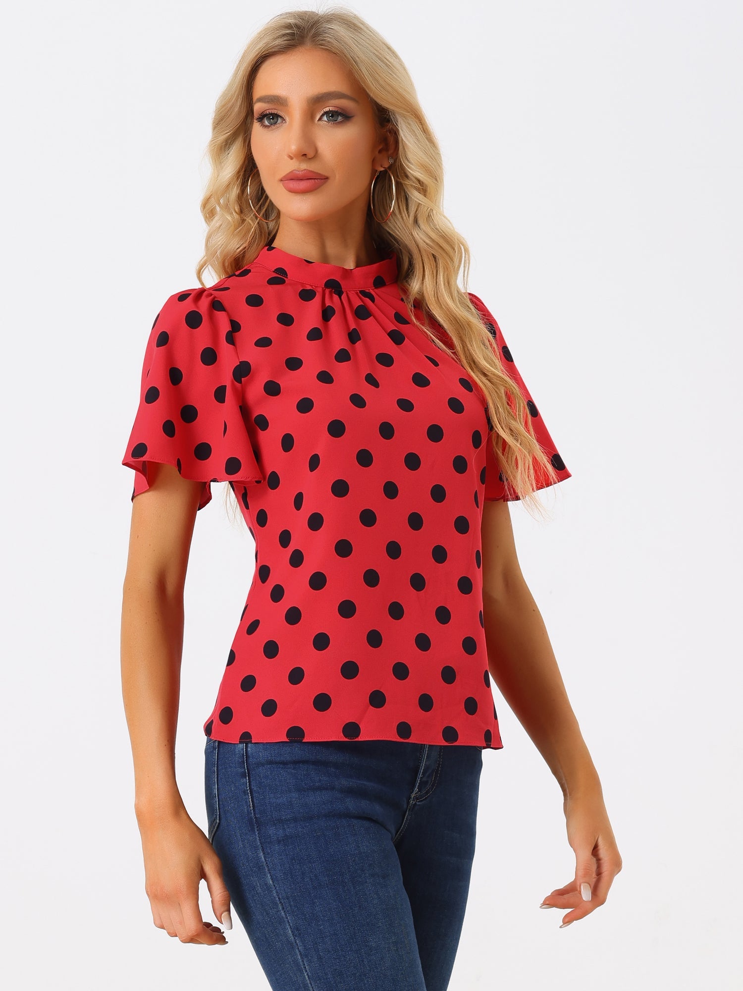 Polka Dots Stand Collar Pleat Keyhole Short Flare Sleeve Blouse