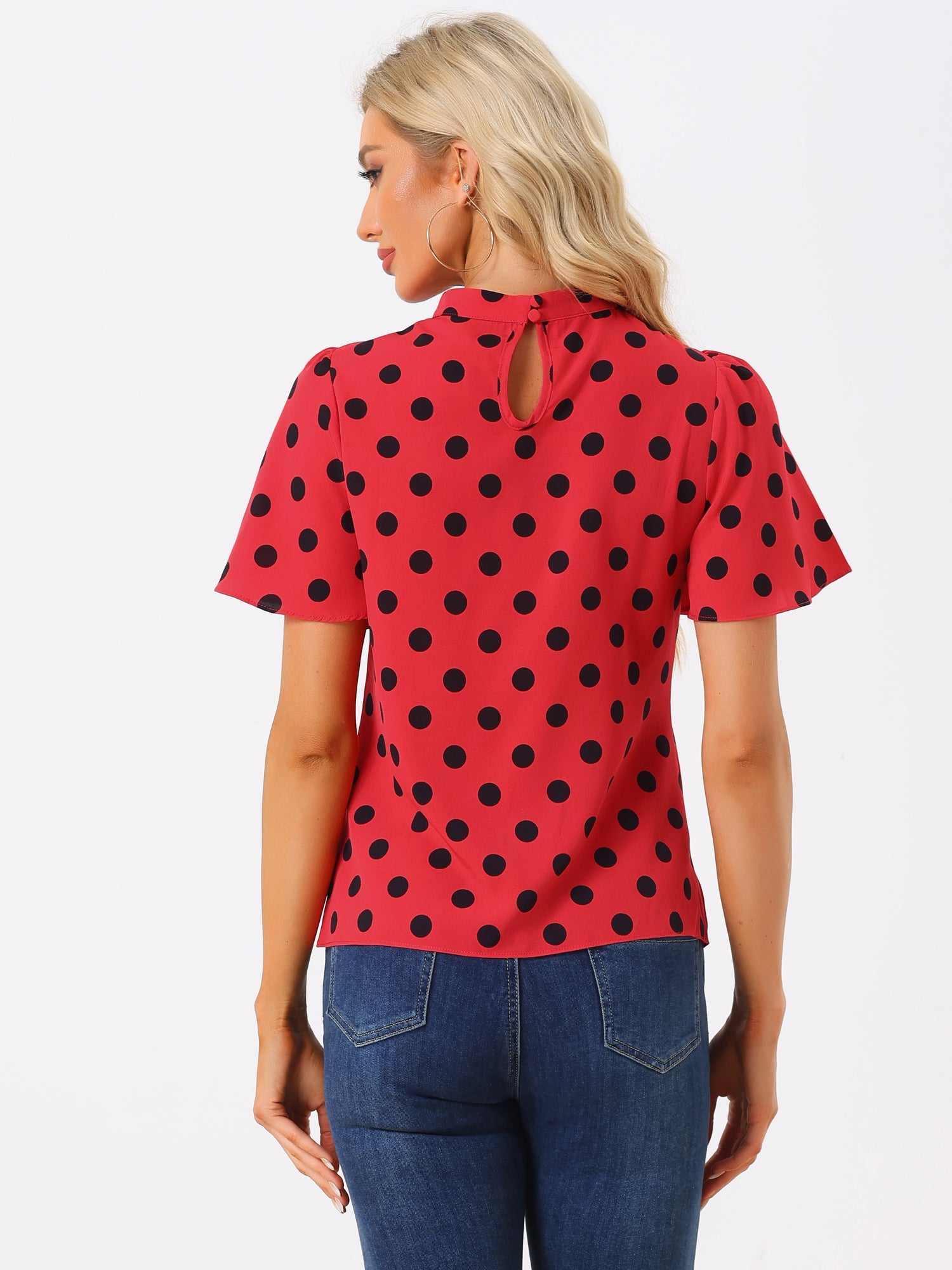 Polka Dots Stand Collar Pleat Keyhole Short Flare Sleeve Blouse