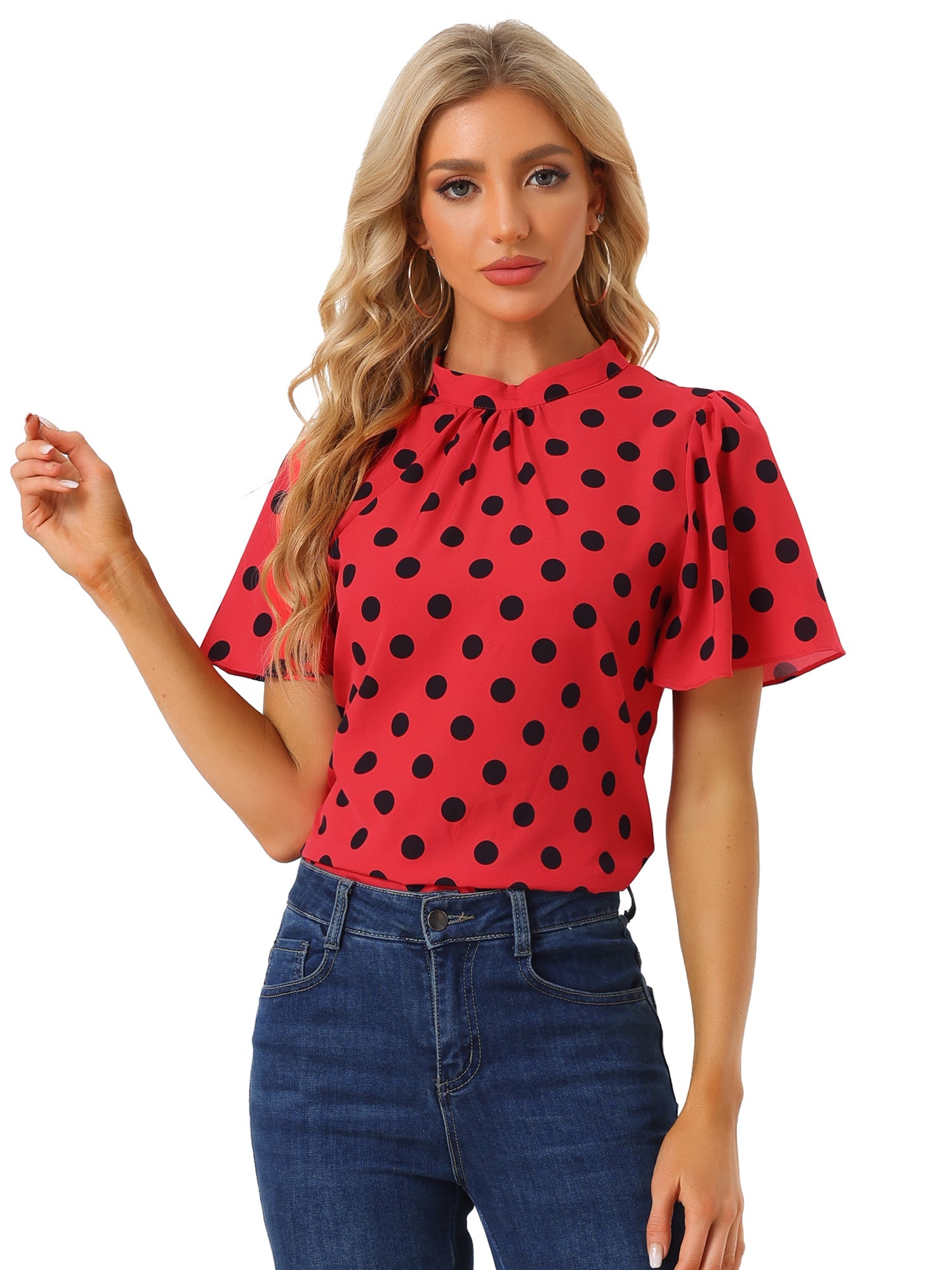 Polka Dots Stand Collar Pleat Keyhole Short Flare Sleeve Blouse