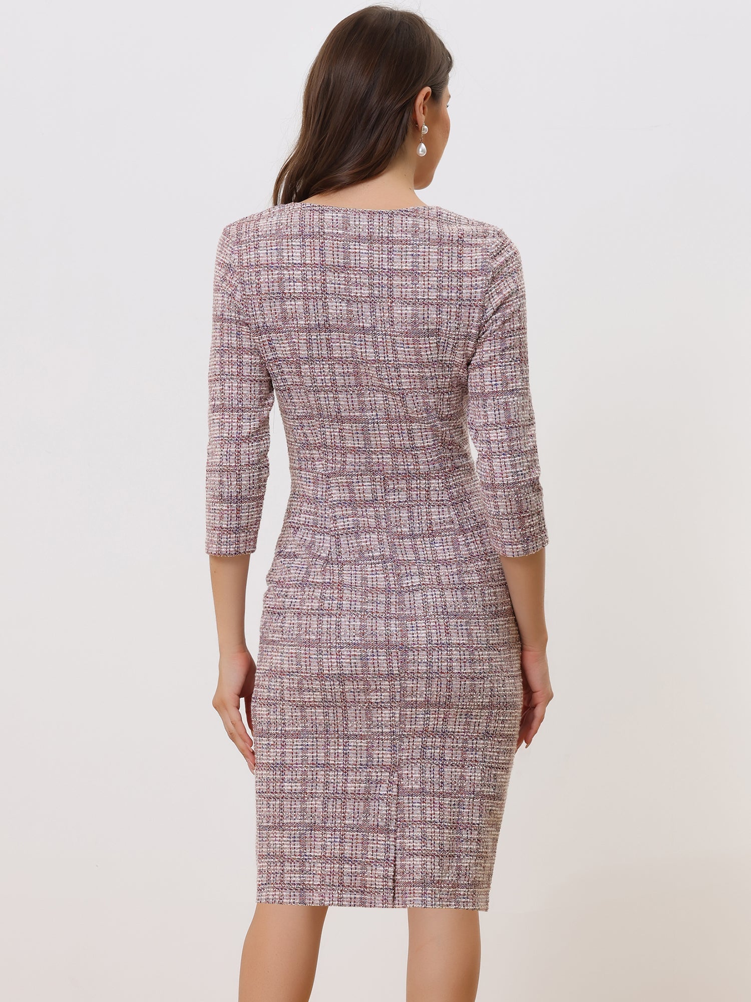 Elegant Square Neck 3/4 Sleeve Plaid Tweed Sheath Dress