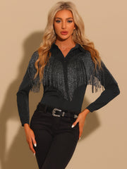 Glitter Fringe Long Sleeve Button Down Disco Party Cowgirl Blouse