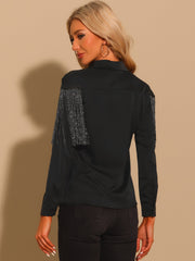 Glitter Fringe Long Sleeve Button Down Disco Party Cowgirl Blouse