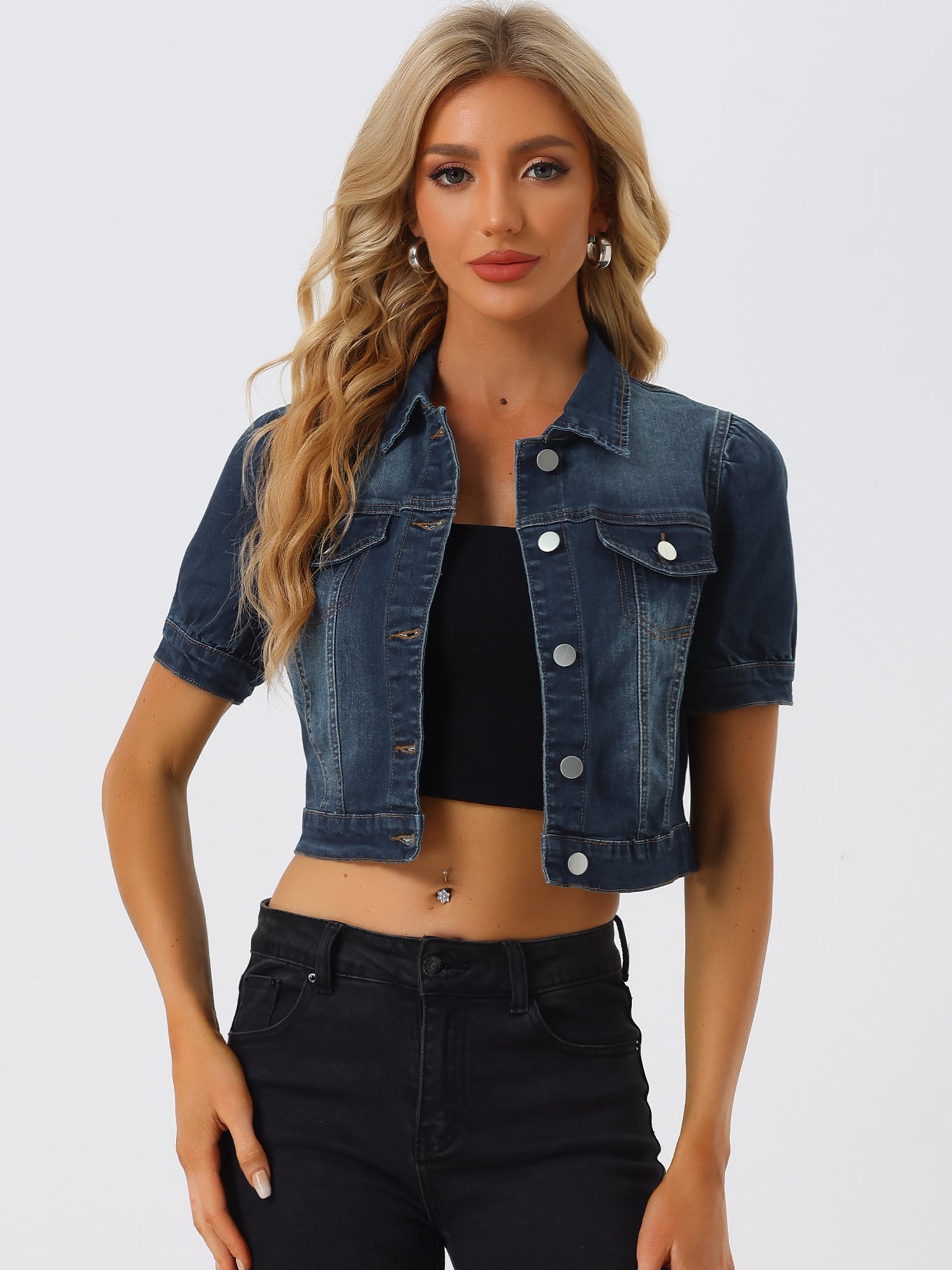 Casual Button-Down Puff Long Sleeve Crop Denim Jacket