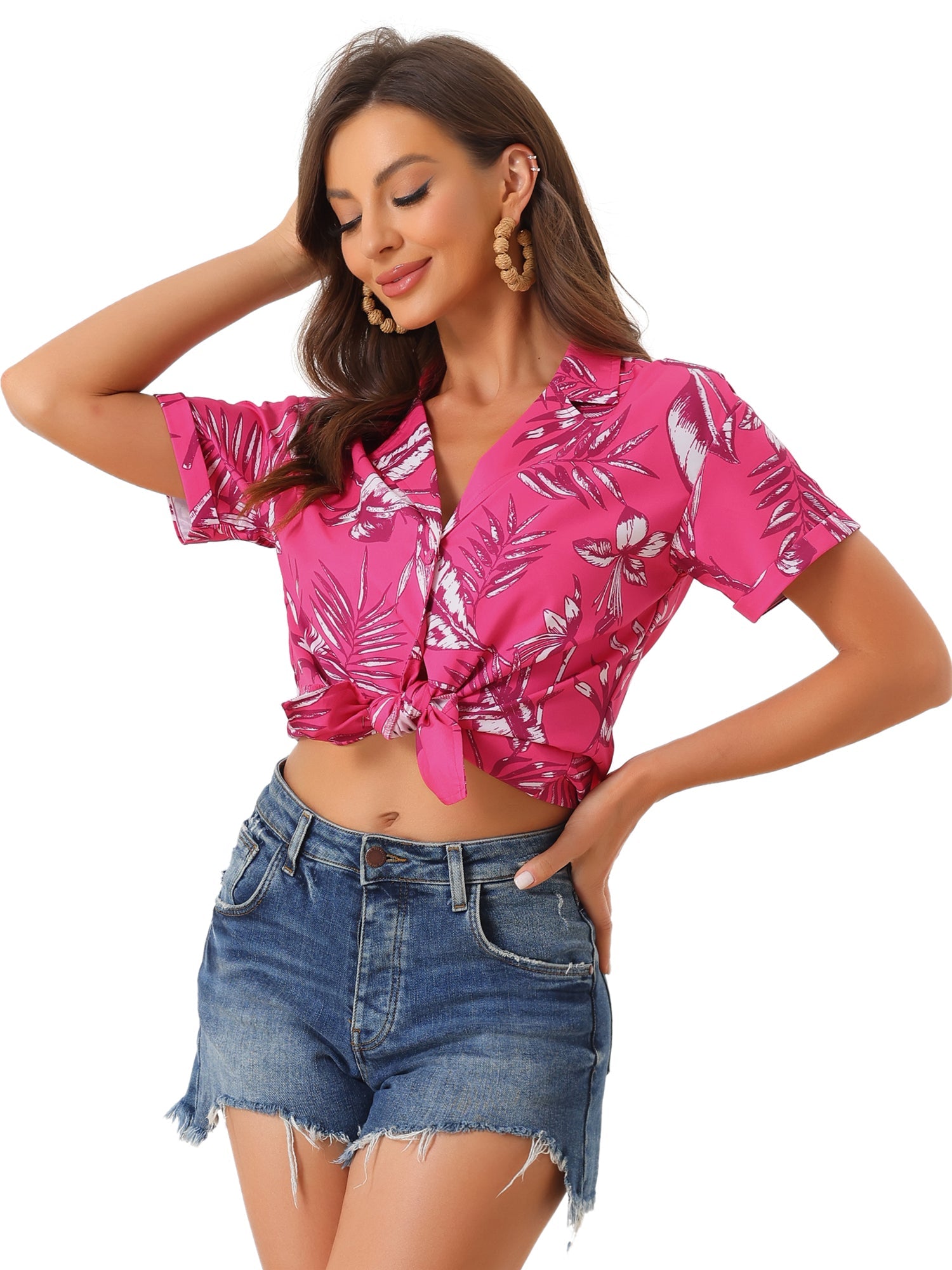 Hawaiian Tropical Leaves Floral Short Sleeve Button Down Shirt