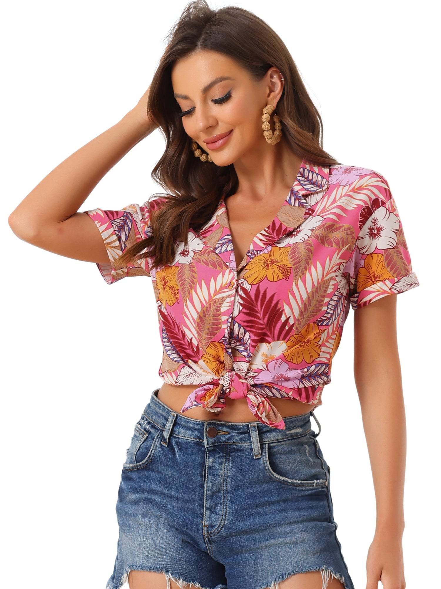 Hawaiian Tropical Leaves Floral Short Sleeve Button Down Shirt
