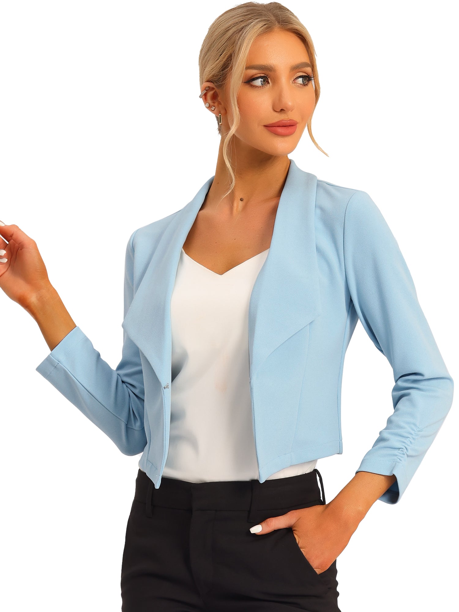 Notched Lapel Ruched Sleeve Business Cropped Jacket Blazer
