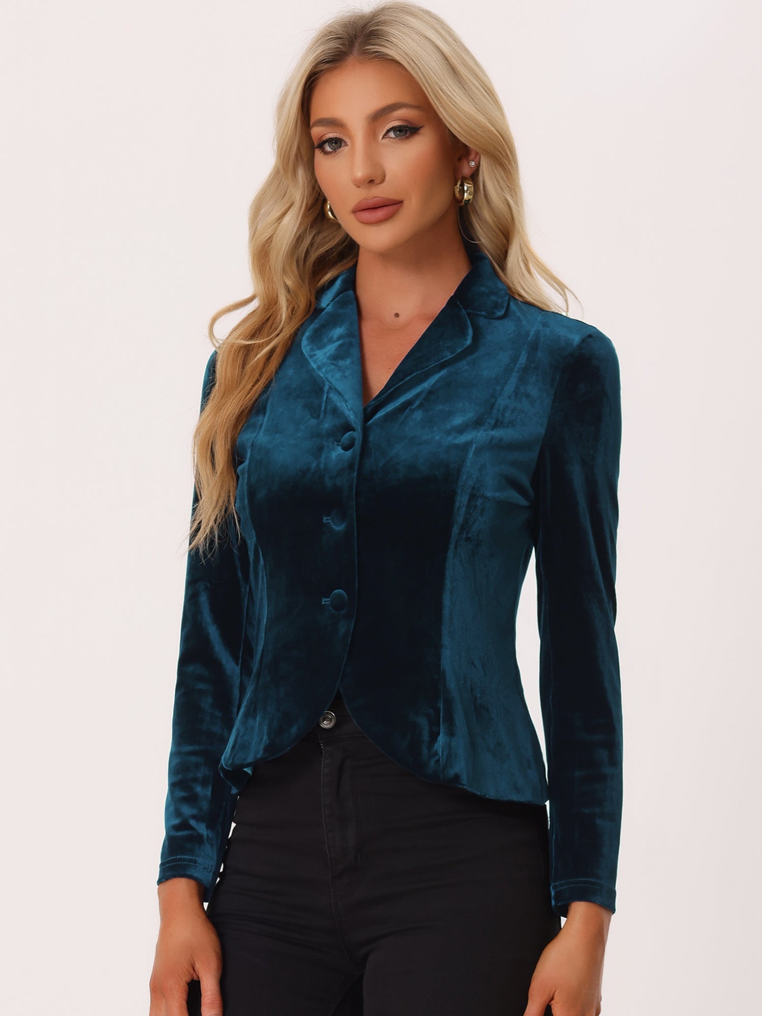 Notched Lapel Long Sleeve Office Business Button Velvet Blazer